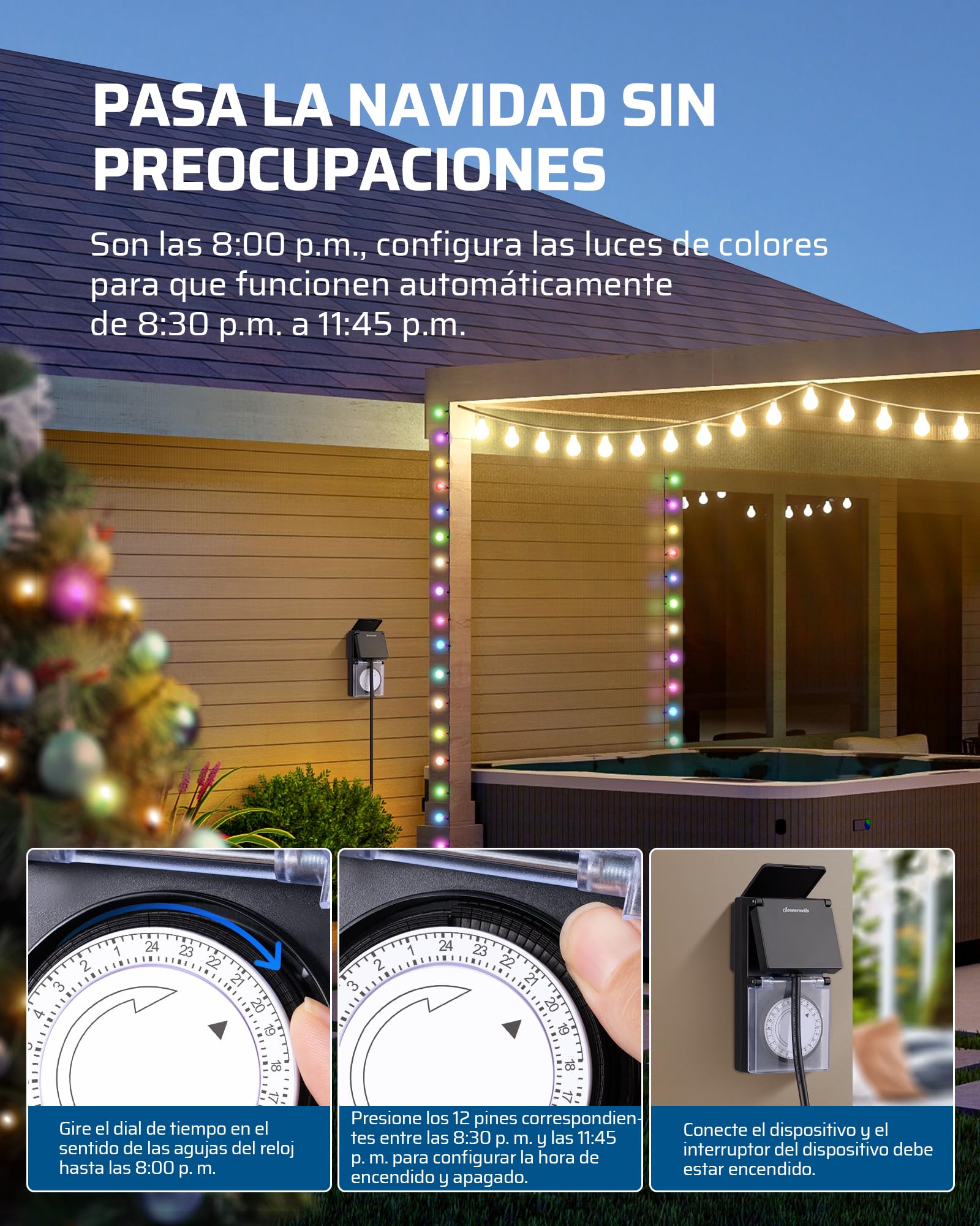 DEWENWILS Temporizador Analógico Mecánico para Exterior, IP44 Impermeable, Cerradura para Niños y Cubierta Protectora para Jardín, Bomba de Piscina, 16A / 3680W, Paquete de 2 Unidades