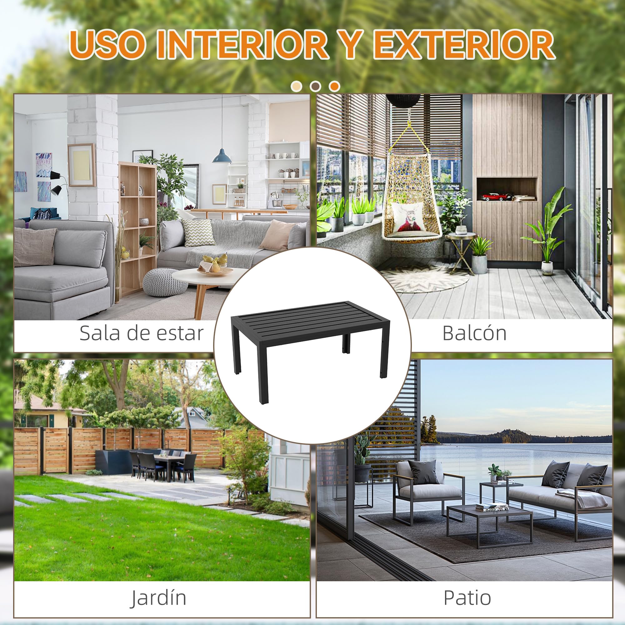 Outsunny Mesa de Centro de Jardín Rectangular, Mesa Auxiliar con Estructura de Acero Galvanizado y Superficie de Tablillas, Mesita de Café para Patio, Balcón, Terraza o Porche, Negro
