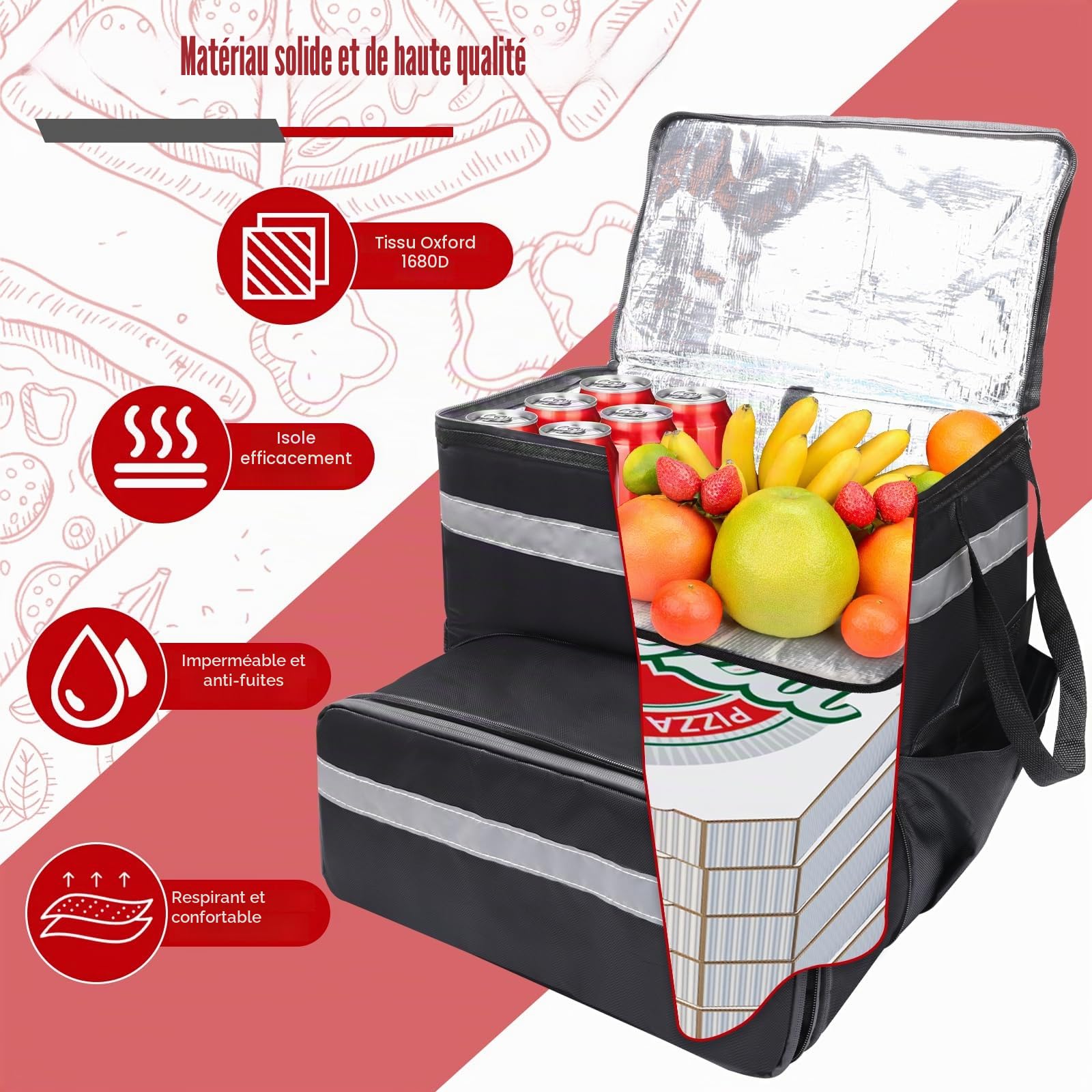 Windspeed Sac à dos extensible pour livraison de nourriture et de pizza vélo, avec 2 planches de soutien/bande réfléchissante, sacs isothermes pour pizza, Noir