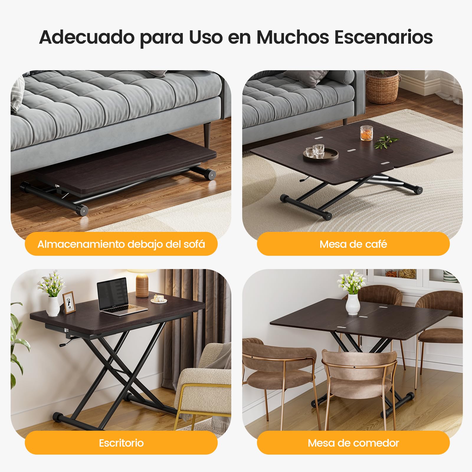 Mesa de Centro Elevable y Extensible, Mesa de Café 3 en 1 con Superficie Extensible para Comedor, Sala de Estar y Oficina,Nogal Negro