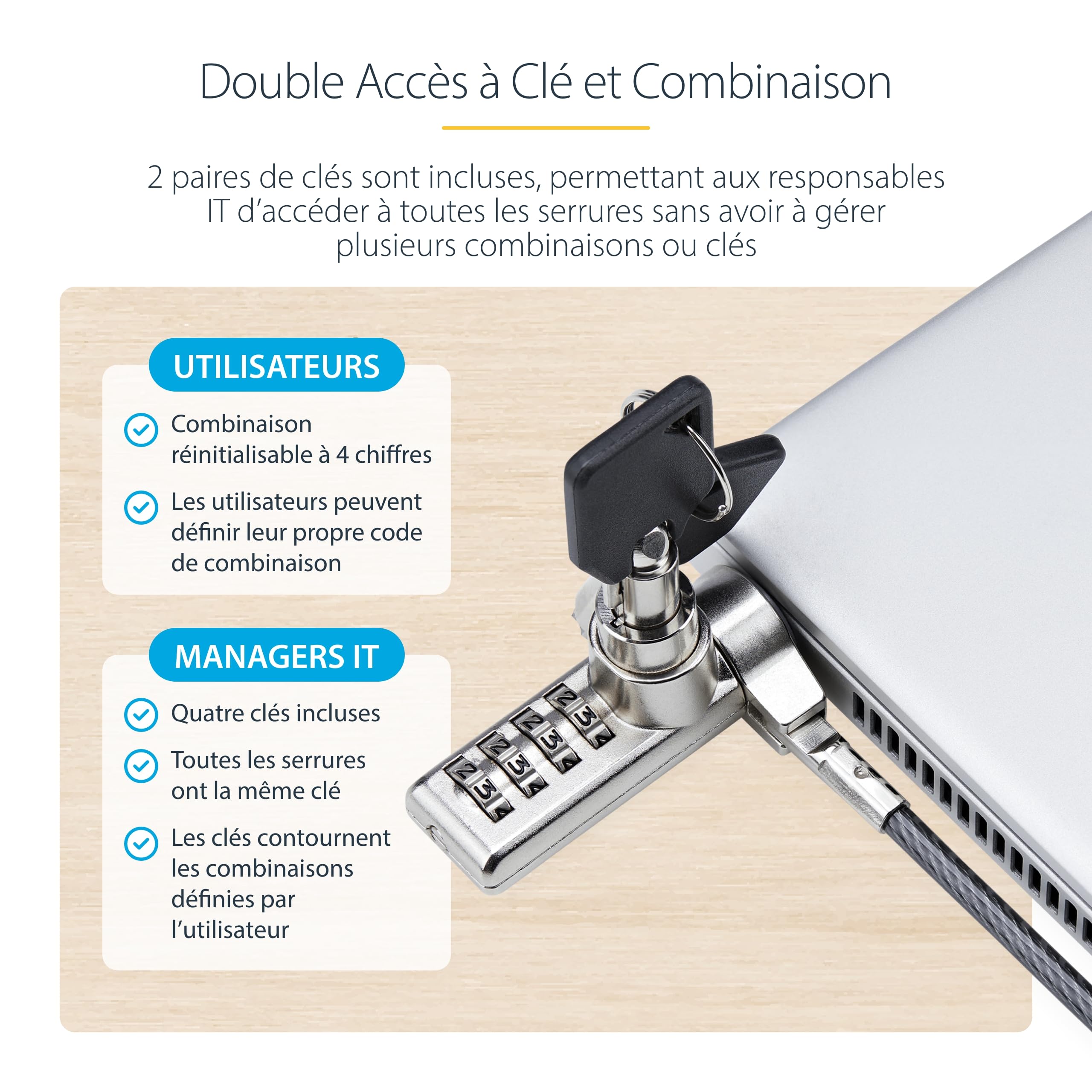 StarTech Antivol à Double Accès pour PC, 2m, K-Slot, Lot de 10 | Clé/combinaison, Clés identiques pour admin IT, Acier gainé vinyle anti-coupure, Testé à 200, 4kg