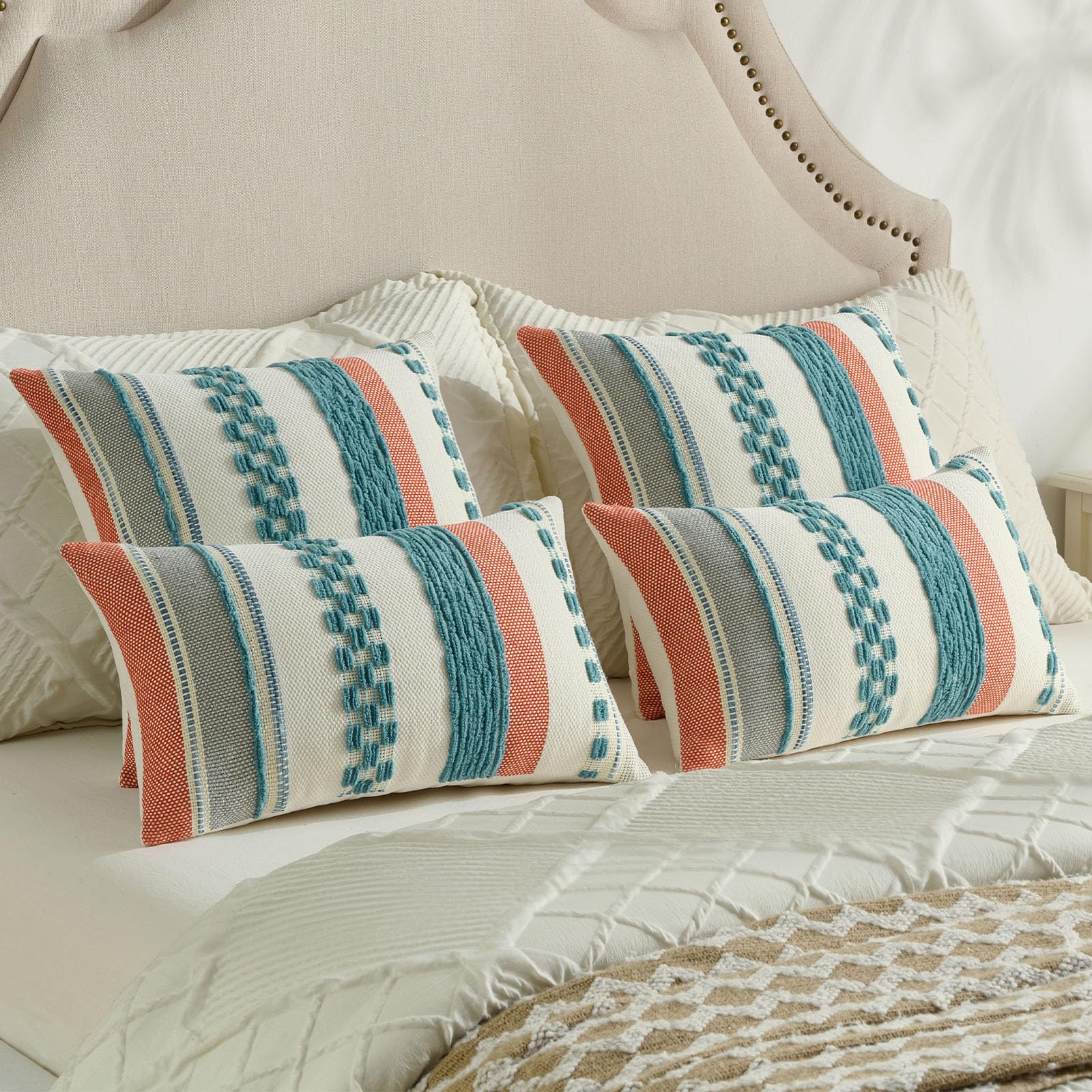 FUTEI Set di 2 federe decorative per cuscini, 45 x 45 cm, morbide, trapuntate, a righe, in stile bohémien, decorazione per la casa, divano, letto, camera da letto, soggiorno
