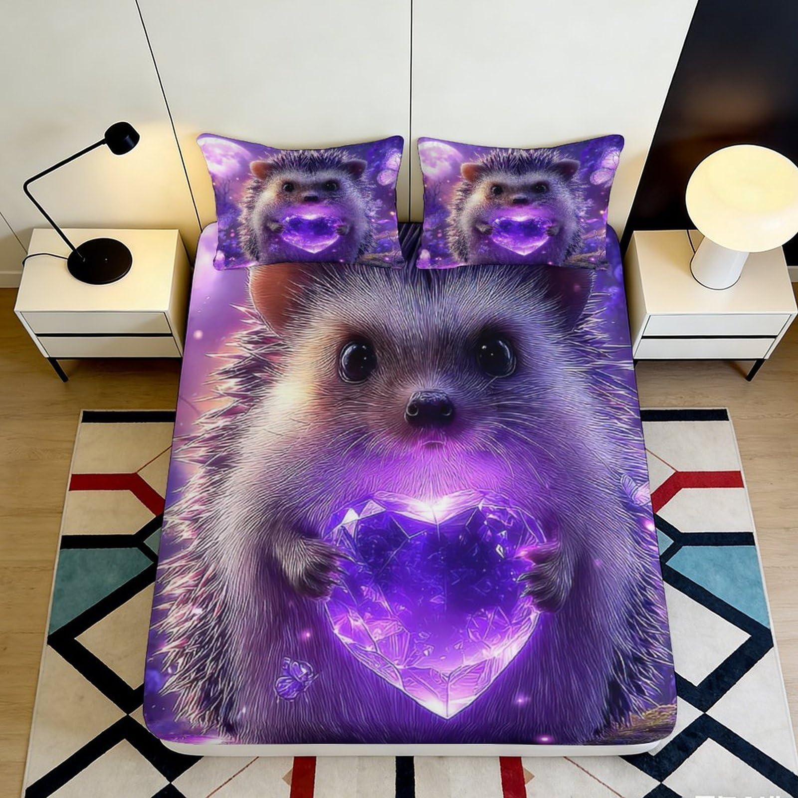 3D Printed Purple Hedgehog Fitted Sheet Microfiber Soft Breathable Fantasy Crystal Bed Cover for Bedroom Dormitory Guest Room Mattress Protection 120x200x25cm