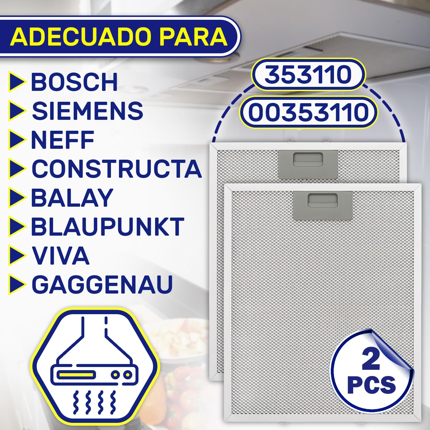2x Aluminio Filtro Rejilla Grasa para Campana Extractora 310 x 250 x 8 mm | 00353110 353110 para Bosch para Siemens para Neff para Constructa – MONTERAL