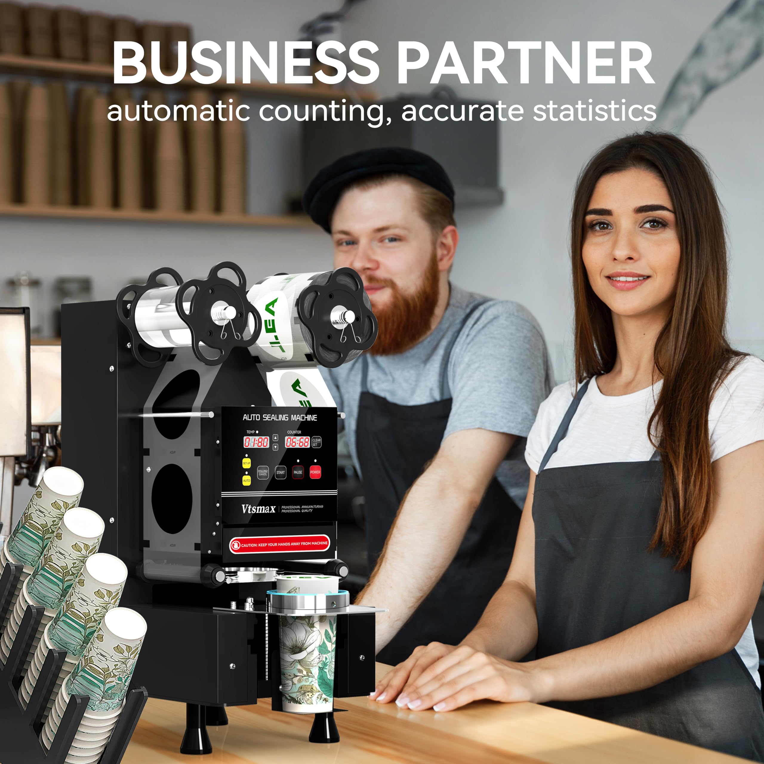 Vtsmax Cup Sealer Machine 90/95mm Cup Sealing Machine 500-700 Cups/H Electric Sealing Machine with Automatic Counting LCD Panel for Bubble Milk Tea Juice Coffee (BLACK)