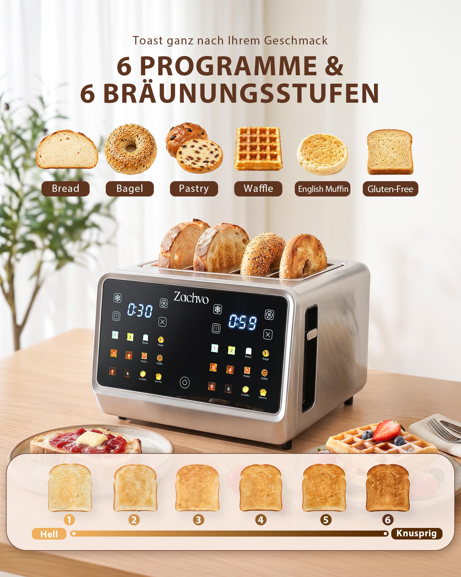 Toaster 4 Scheiben mit 2 unabhängige Toastzonen und Touchscreen