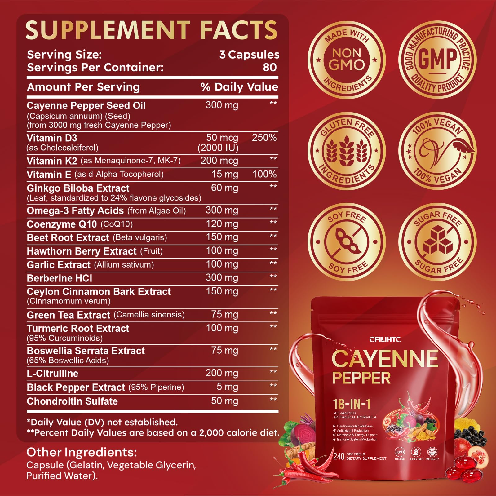 Cayenne Pepper Capsules Supplement | 18-in-1 3000 mg per Serving with CoQ10, Vitamins D3, K2, E & Beetroot | Supports Healthy Circulation, Antioxidant Protection, Metabolism Function* | 240 Capsules — Amazon image 2