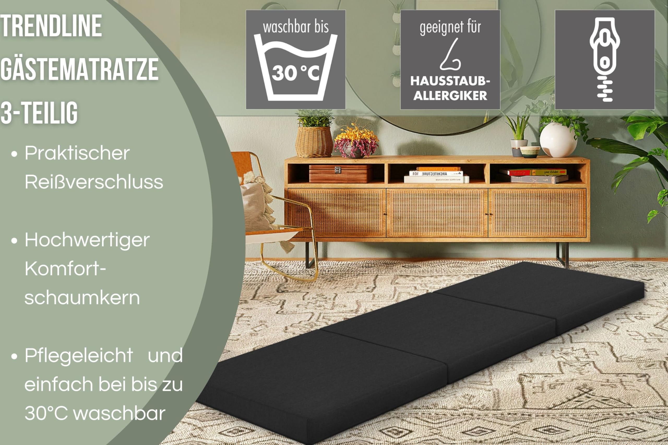 Badenia Trendline Gästematratze 3-teilige Klappmatratze mit strapazierfähigem Microfaser Bezug, Öko-Tex zertifiziert, produziert nach deutschem Qualitätsstandard,190 x 60 cm , schwarz