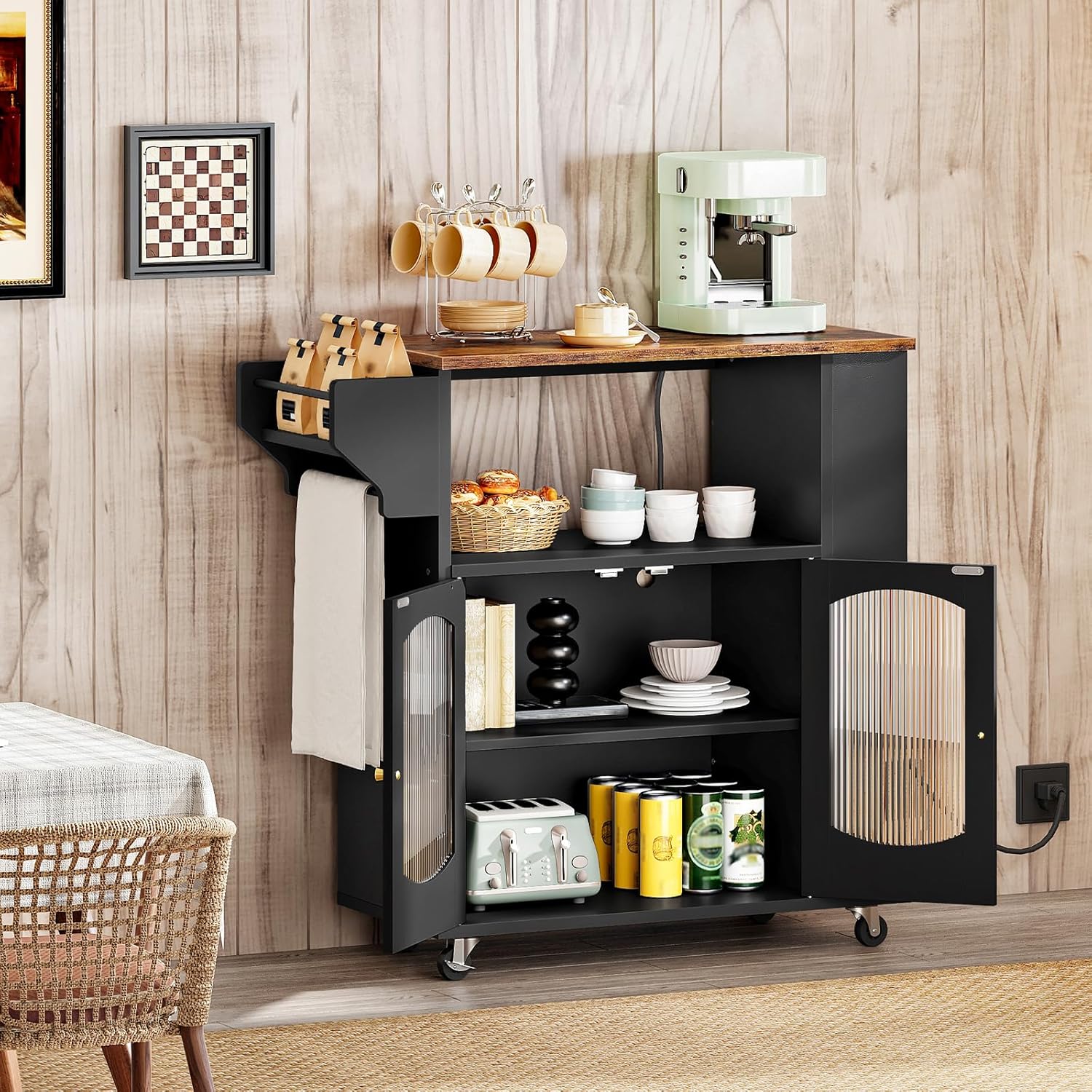 HOOBRO Kitchen Island with Power Outlet, Rolling Kitchen Island with Glass Doors and Open Storage Shelf, Island Table with Spice Rack, Towel Rack for Kitchen, Rustic Brown and Black BF53UZD01