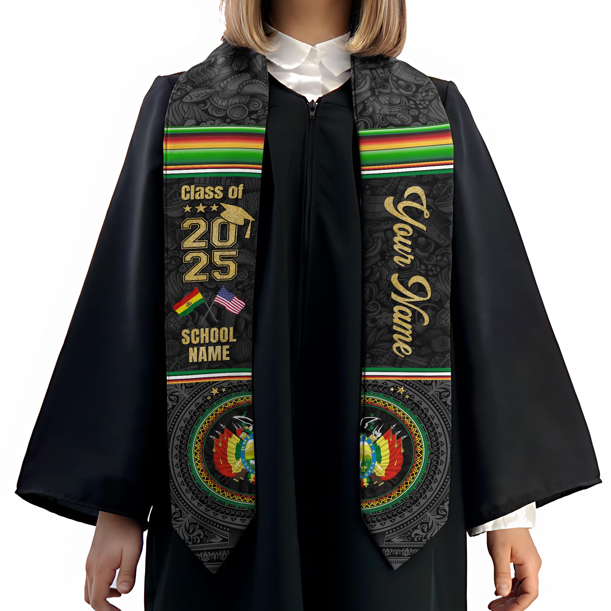 MonkeyVan Personalized Bolivia Graduation Stole, Bolivian Graduation Sash, Bolivia Flag Graduation Stole, Class of 2025 M56