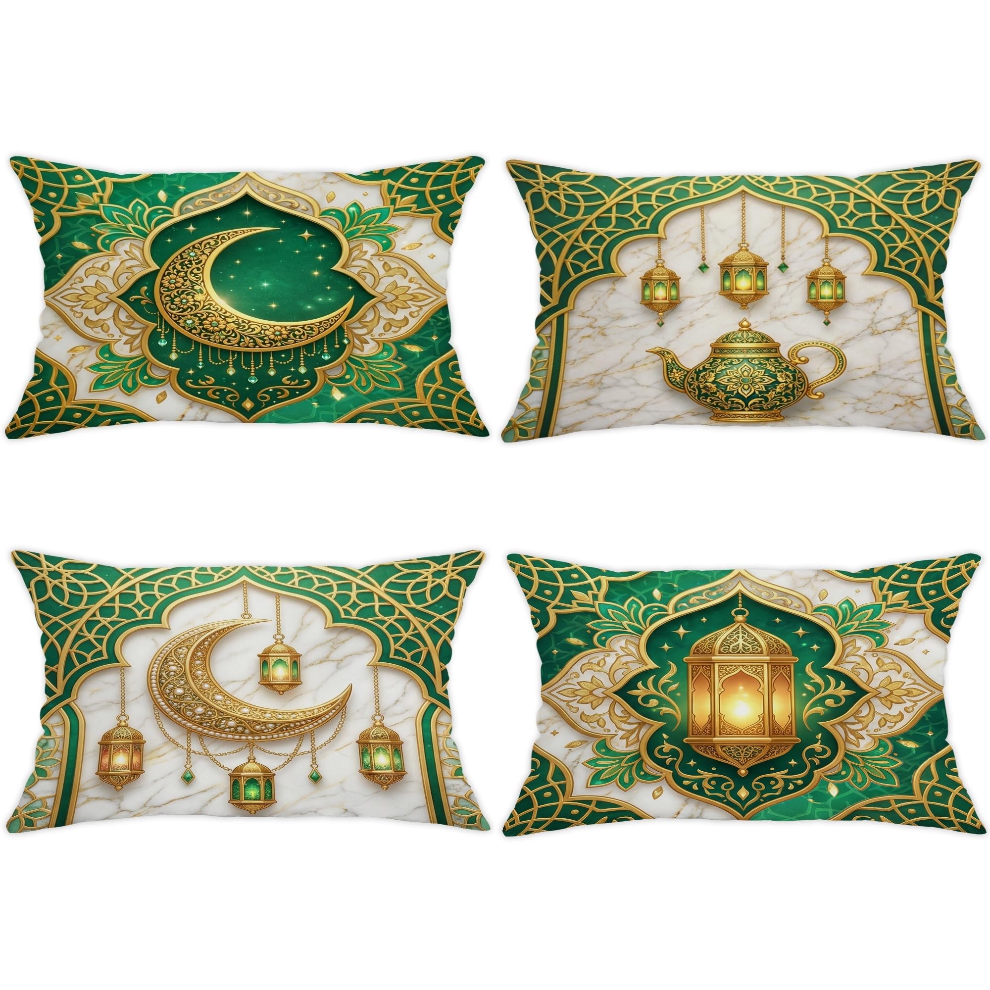 Crescent Throw Pillow Covers Set of 4, Islamic Traditional Lantern Teapot Eid Mubarak Green with Hidden Zipper Cushion Covers Pillow for Living Room Bedroom Loft Office Car Decor 20x12 Inch