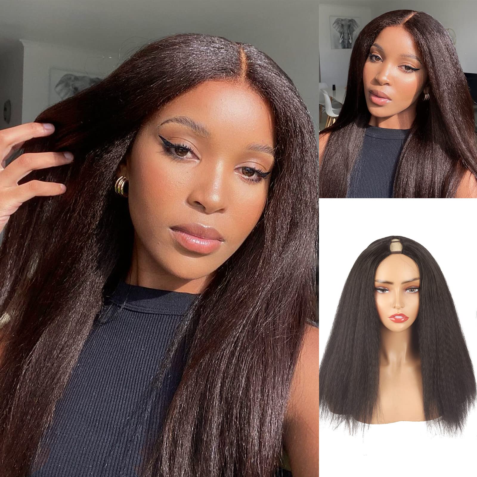 Matthia V Part Wig Yaki Straight Dark Brown Wigs Straight No Leave Out U Part Wig Glueless Synthetic Wigs For Black Women, 24inch Straight V Part Wig Clip in Half Wigs U Part Wigs (4#)