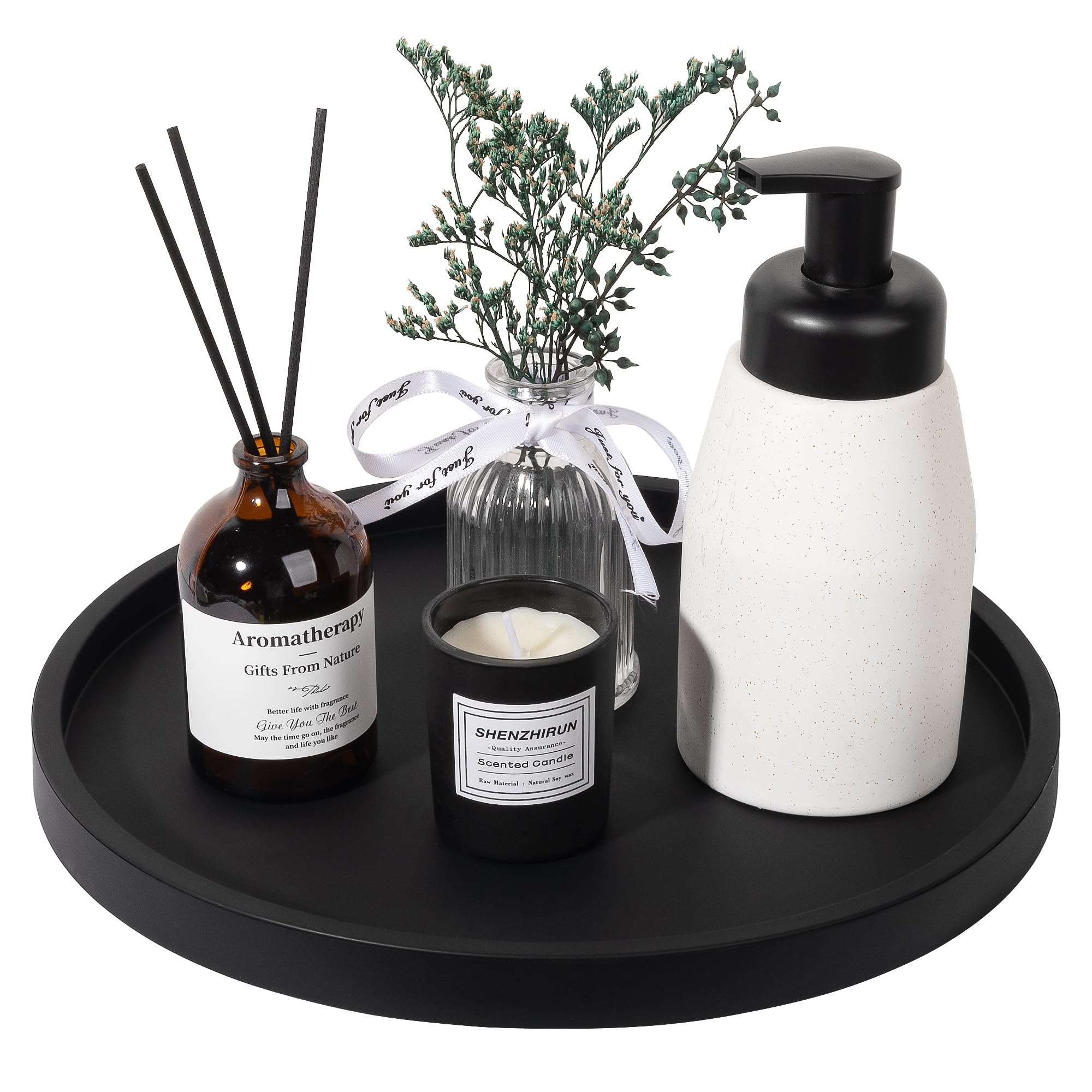 Silicone Bathroom Tray Round Vanity Tray Decorative Soap Holder Kitchen Countertop Organizer Coffee Table Decor for Candle, Perfume, Plant, 11 Inch, Black