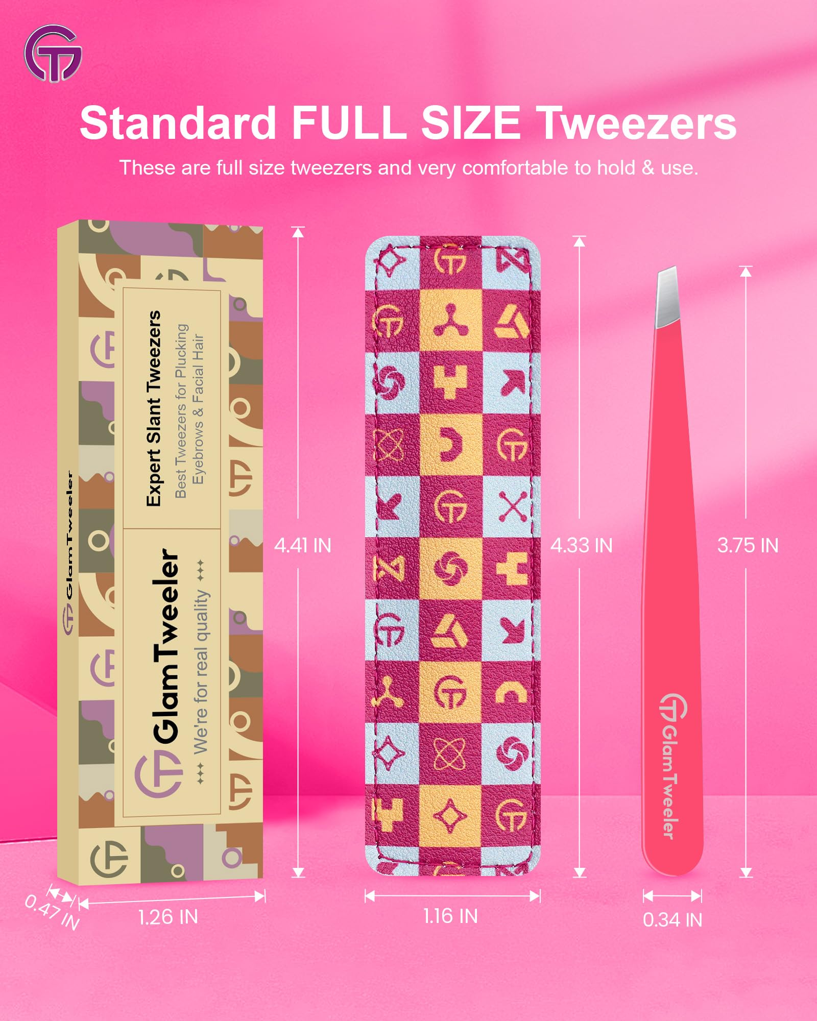 GlamTweeler Expert - Pinzas de depilación de cejas con funda de cuero, punta inclinada de alta precisión, pinzas de acero inoxidable para hombres y mujeres (rosa intenso)