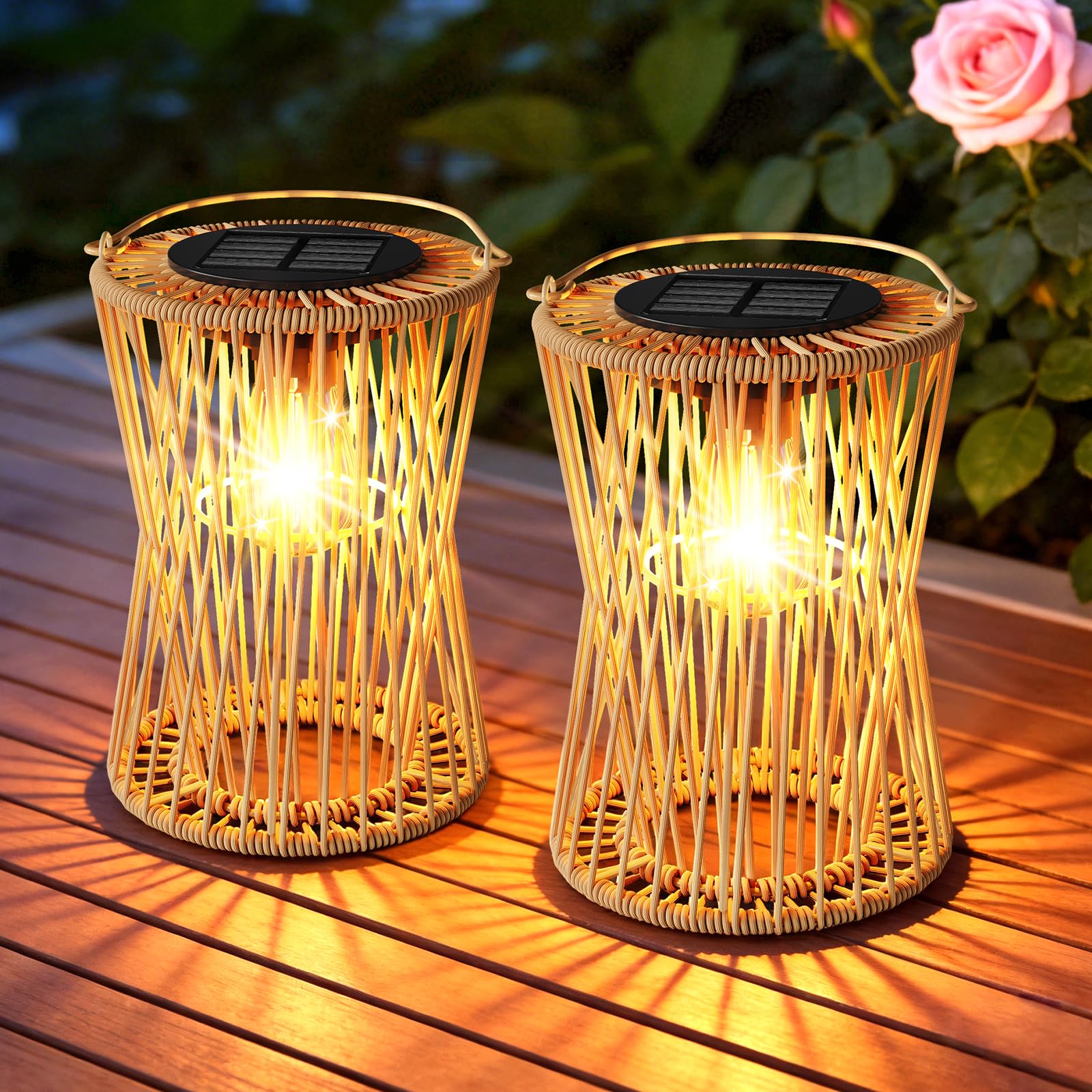 AOUNQ Solar Lights Outdoor Garden Ornaments 2 Pack, Vintage Rattan Hanging Solar Lanterns for Outside with Auto On/Off, Hanging Garden Lights Solar Powered Waterproof for Patio Yard, Gifts for Mom
