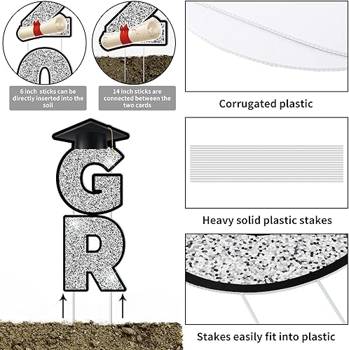 Miniatura 3 de Ruisita Decoraciones de fiesta de graduación de plata 2023, 8 piezas de letreros de graduación para patio con 28 piezas de estacas para decoración