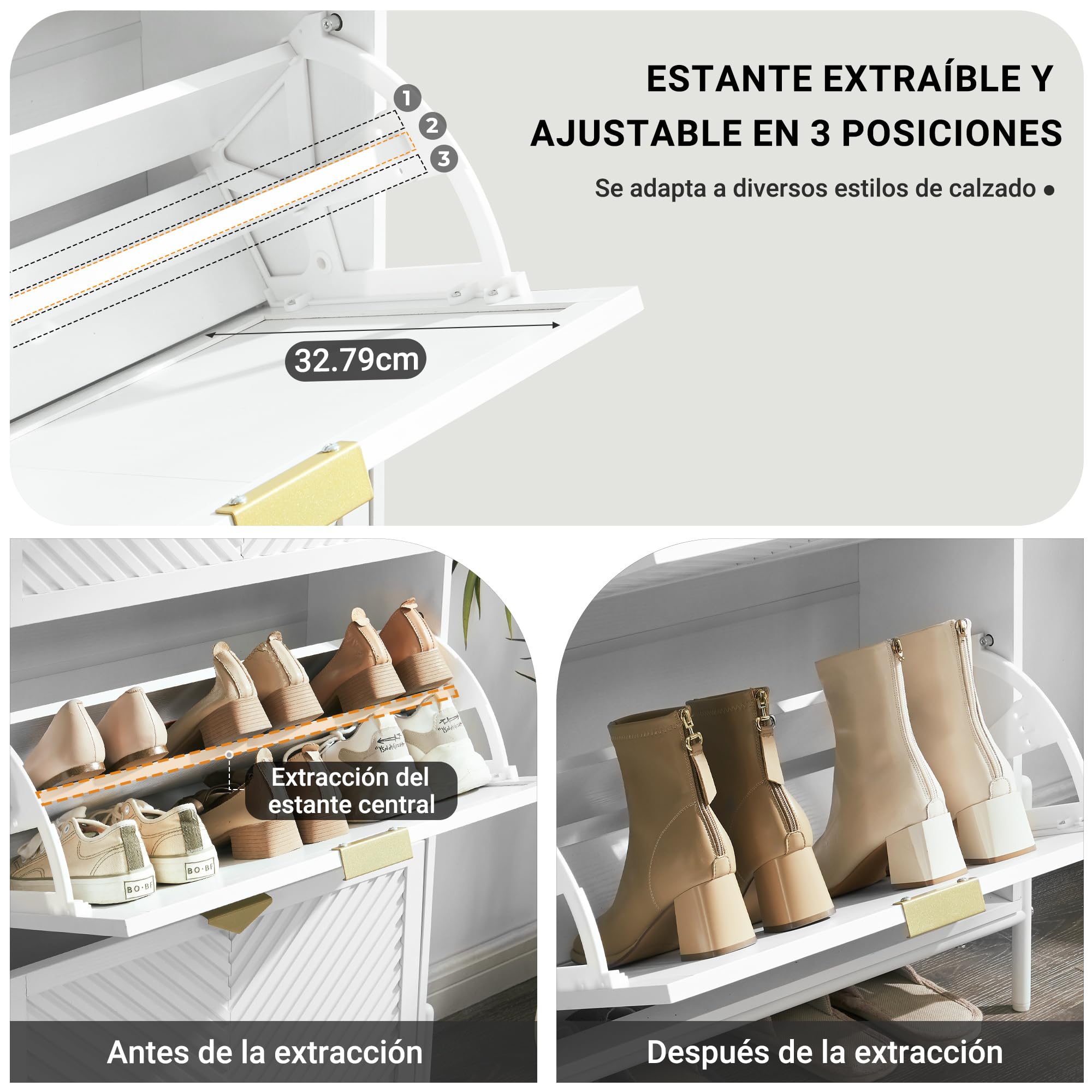 Armario Zapatero Estrecho 2 Cajones Abatibles Recibidor, Blanco | Veta madera inclinada, independiente, compartimentos ajustables, estante central extraíble, tiradores dorados, pasillo, hall