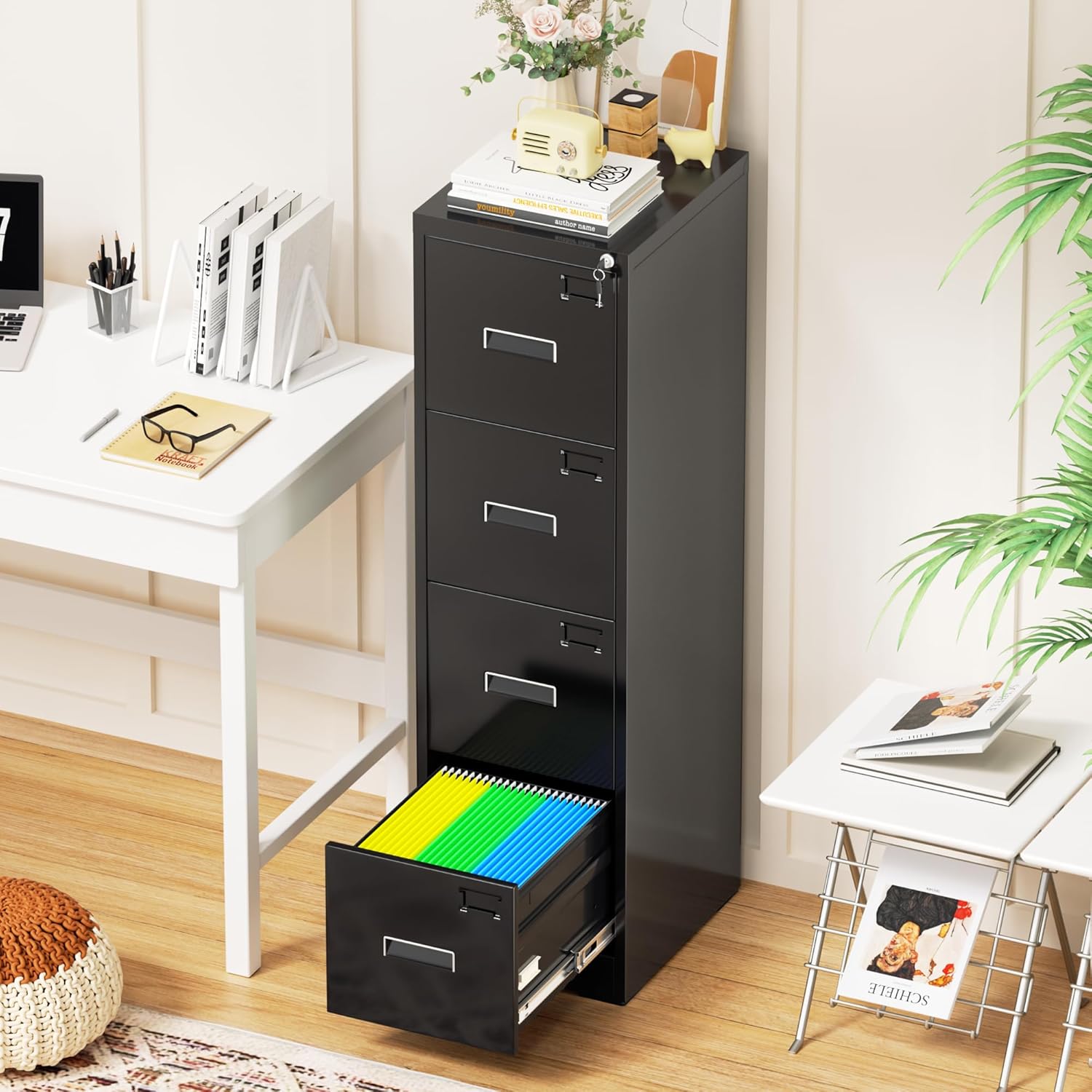 Bonusall Vertical File Cabinet with Lock, 4 Drawer Locking Vertical Filing Cabinet for Legal/Letter Size, Metal Horizontal File Organizer with Hanging Rack for Home Office, Heavy Duty, Black