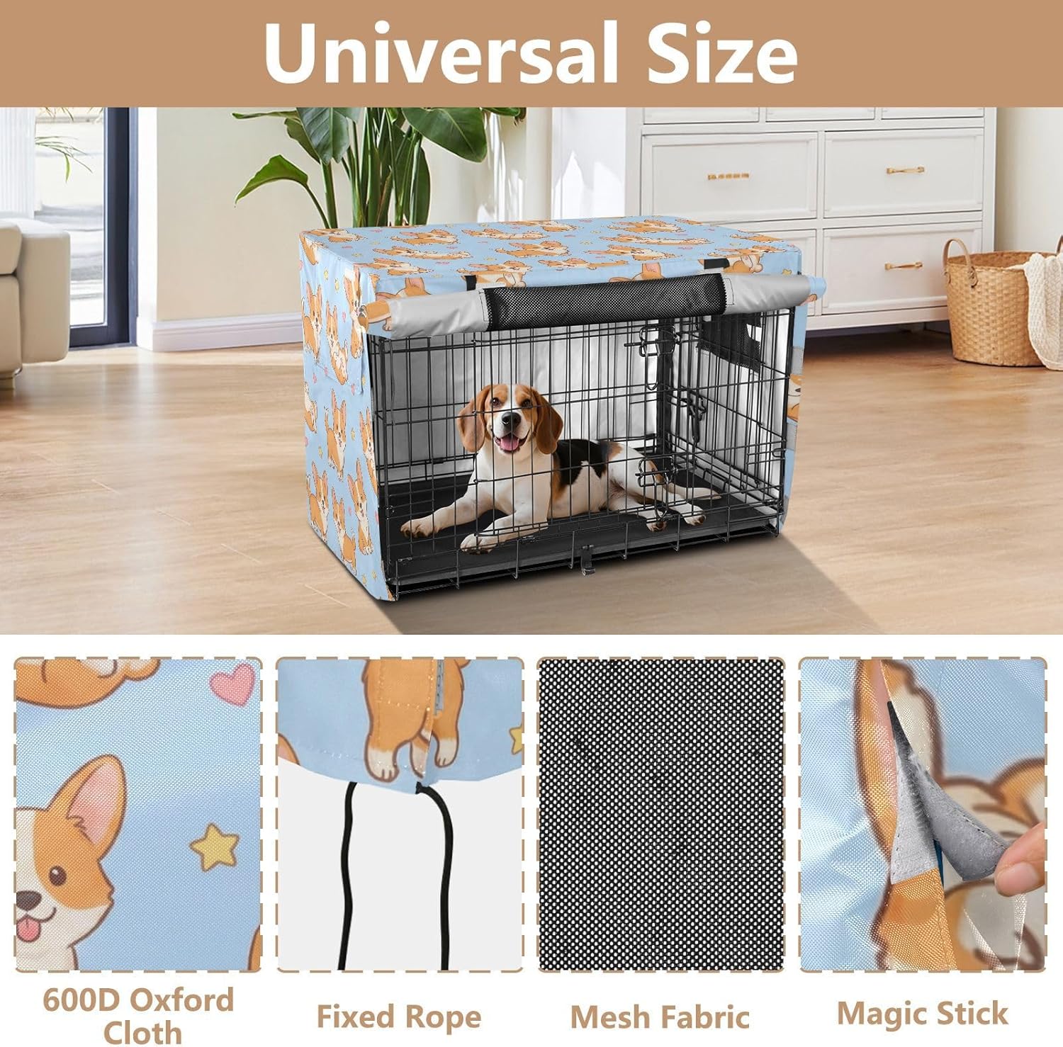 Duty 600D Silver Coated Dog Crate Cover, Water-Resistant Corgi Print Pet Kennel Canopy with Mesh Windows for Optimal Ventilation, Universal Fit for Standard Wire Cage, Indoor & Travel