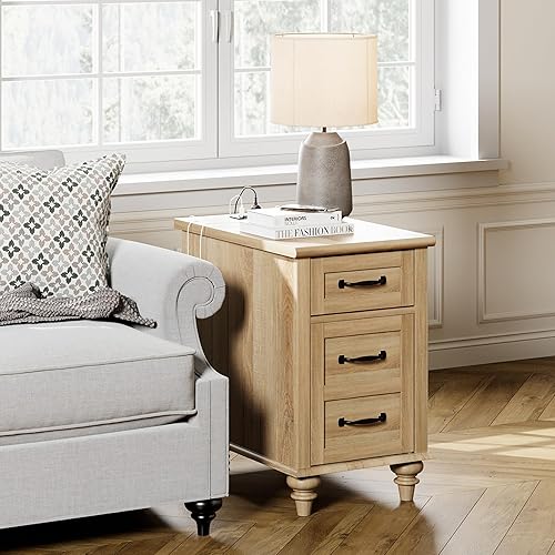 Miniatura 5 de WAMPAT Paquete de 2 mesas auxiliares modernas con estación de carga, mesa auxiliar de sofá con armario de almacenamiento para sala de estar, mesita