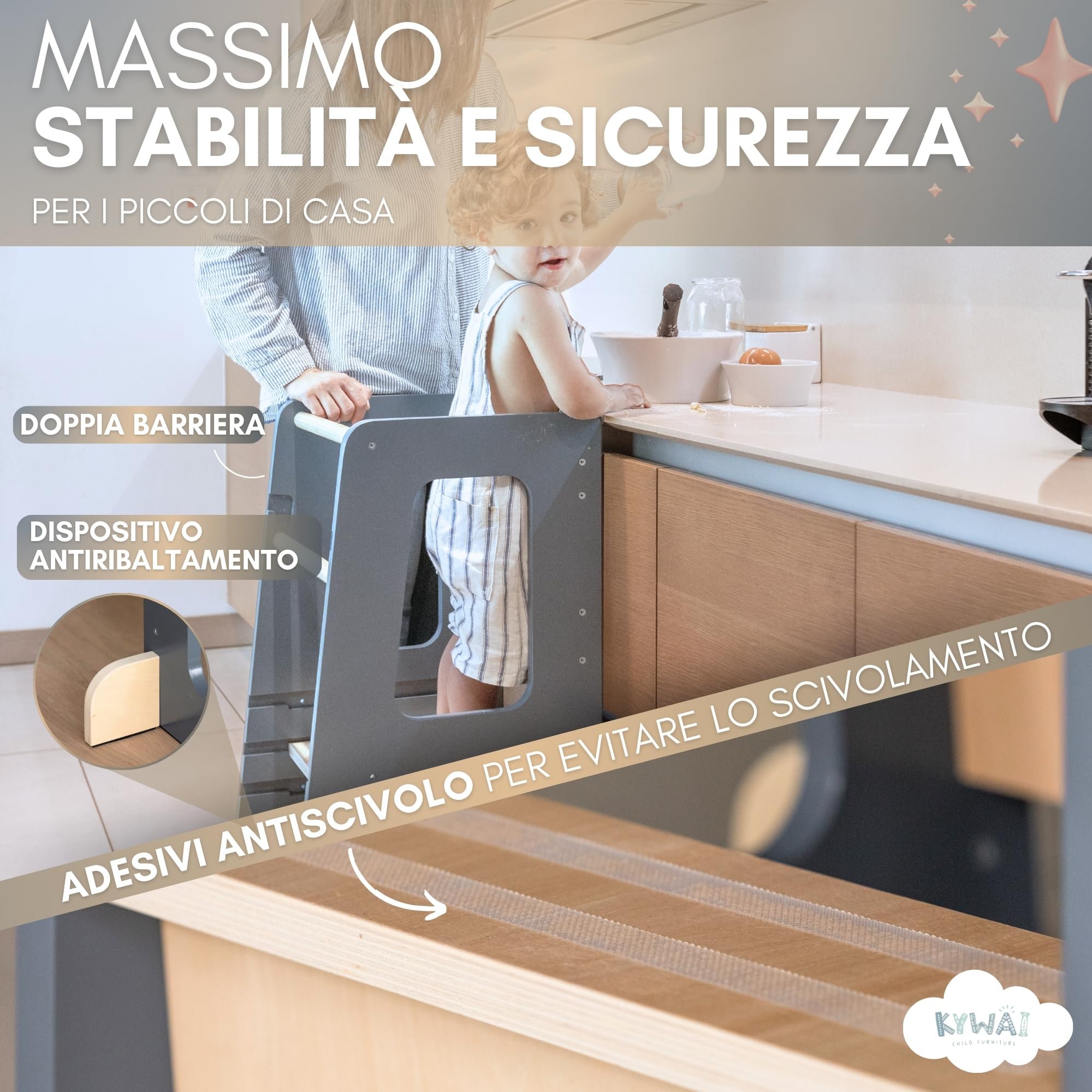 KYWAI ® Torre Montessoriana bambini in Legno - Torretta Montessoriana - Torre Montessori - Scaletta Bambini - Learning Tower - Scaletta Montessori per bambini (Grigio)