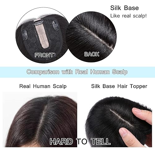 Miniatura 6 de SEGO Toppers para el cabello para mujer, cabello humano real, sin flequillo, densidad del 130%, 3.9 x 4.7 in, base de seda, Remy con clip en la