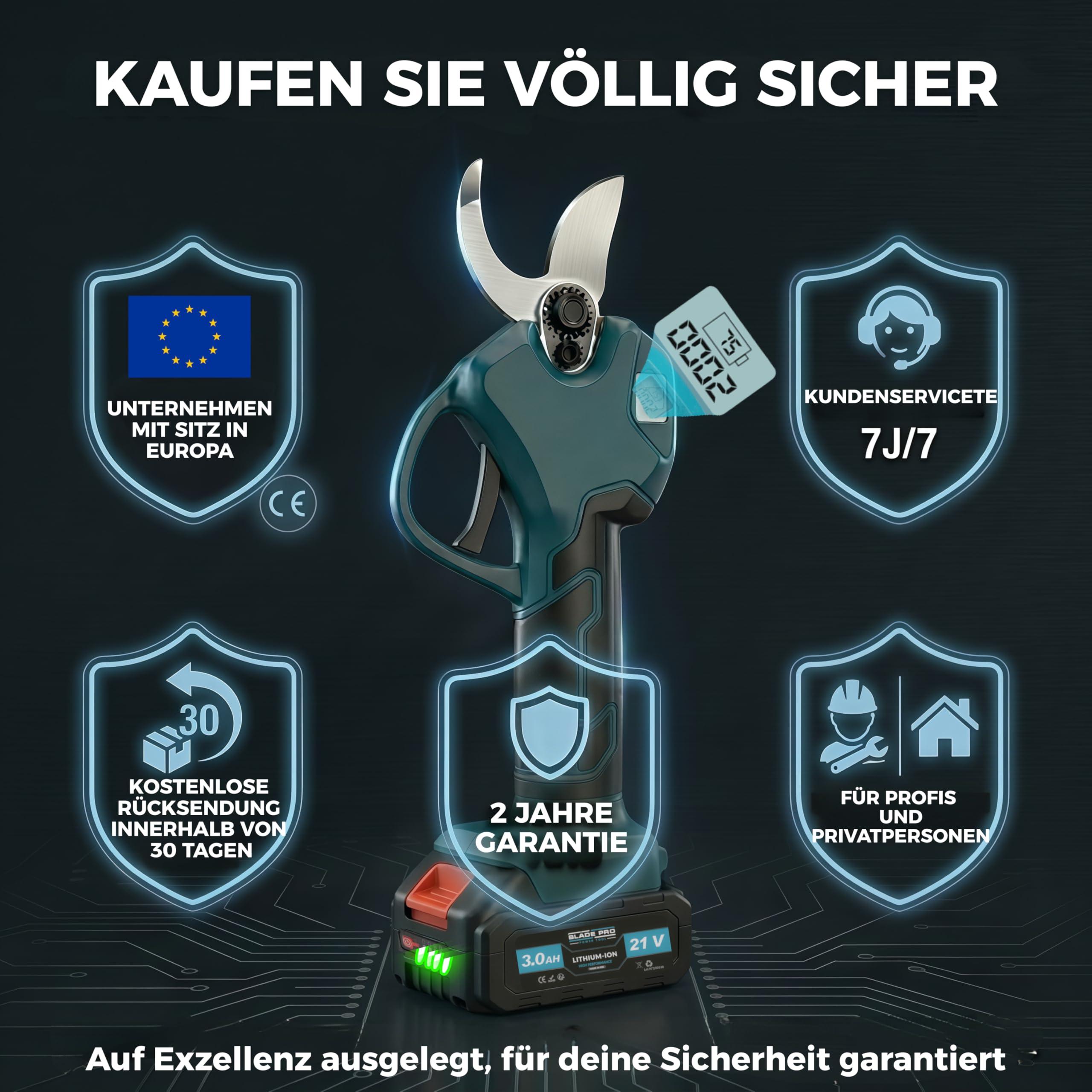 Akku Astschere bis zu 40mm Elektrische Gartenschere 6000mAh — Kabellos für Makita 18V — Bürstenloser Motor 800W — LCD Display — 10-teiliges Set BLADEPRO