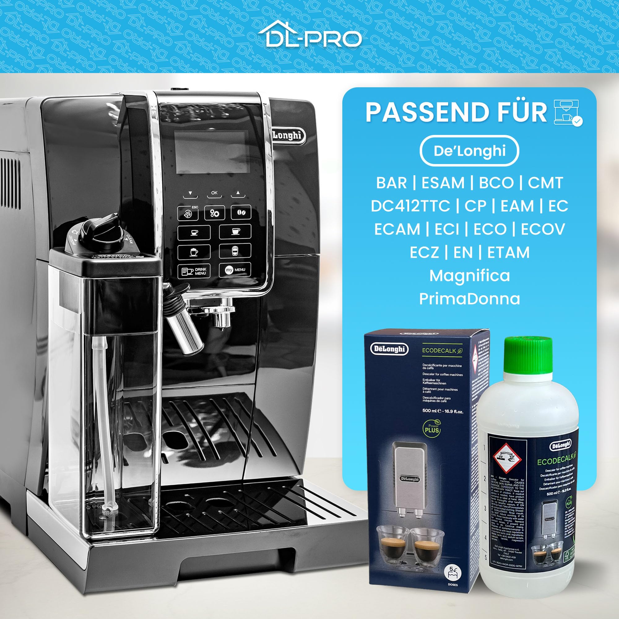 DL-pro Lot de 2 détartrants 500 ml pour machine à café DeLonghi 5513296041 SER3018 DLSC500 EcoDecalk avec brosse de nettoyage DL-pro pour machine à café automatique