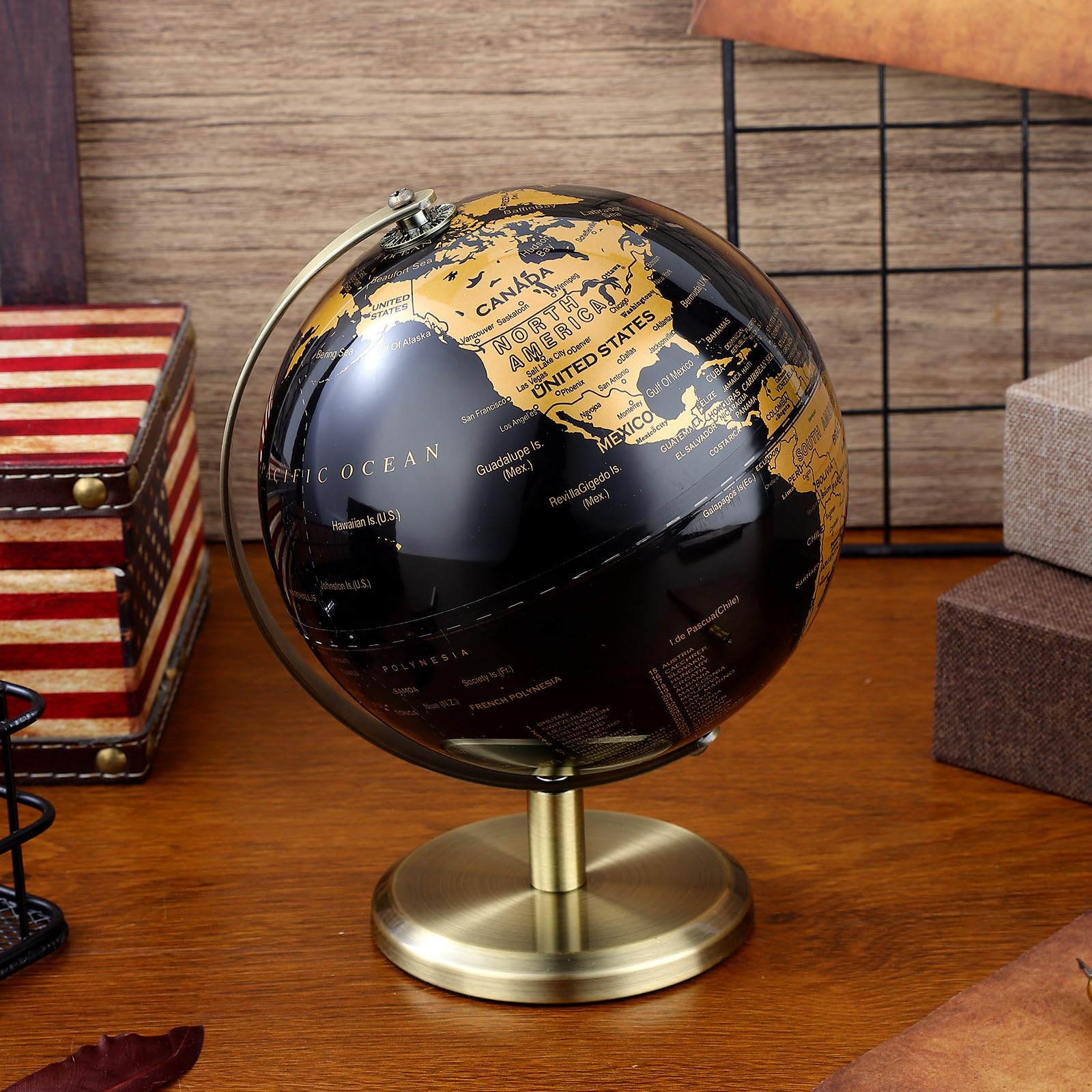 Happyyami Adorno de Globo Terráqueo de Escritorio Multifuncional en Metal Dorado, Bola de Globo 14 Cm Estilo Europeo para Embellecimiento de Mesa y Oficina