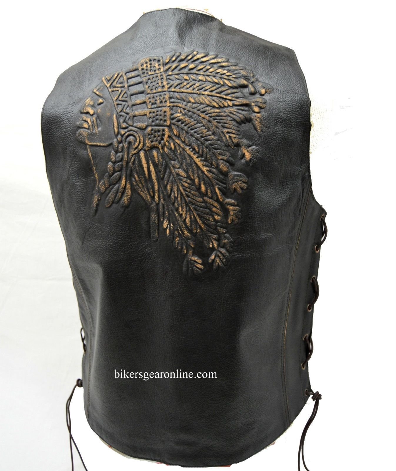 Men's Motorcycle Bikers Retro Brown Leather Vest Native American Back Side Laces (54 Regular)