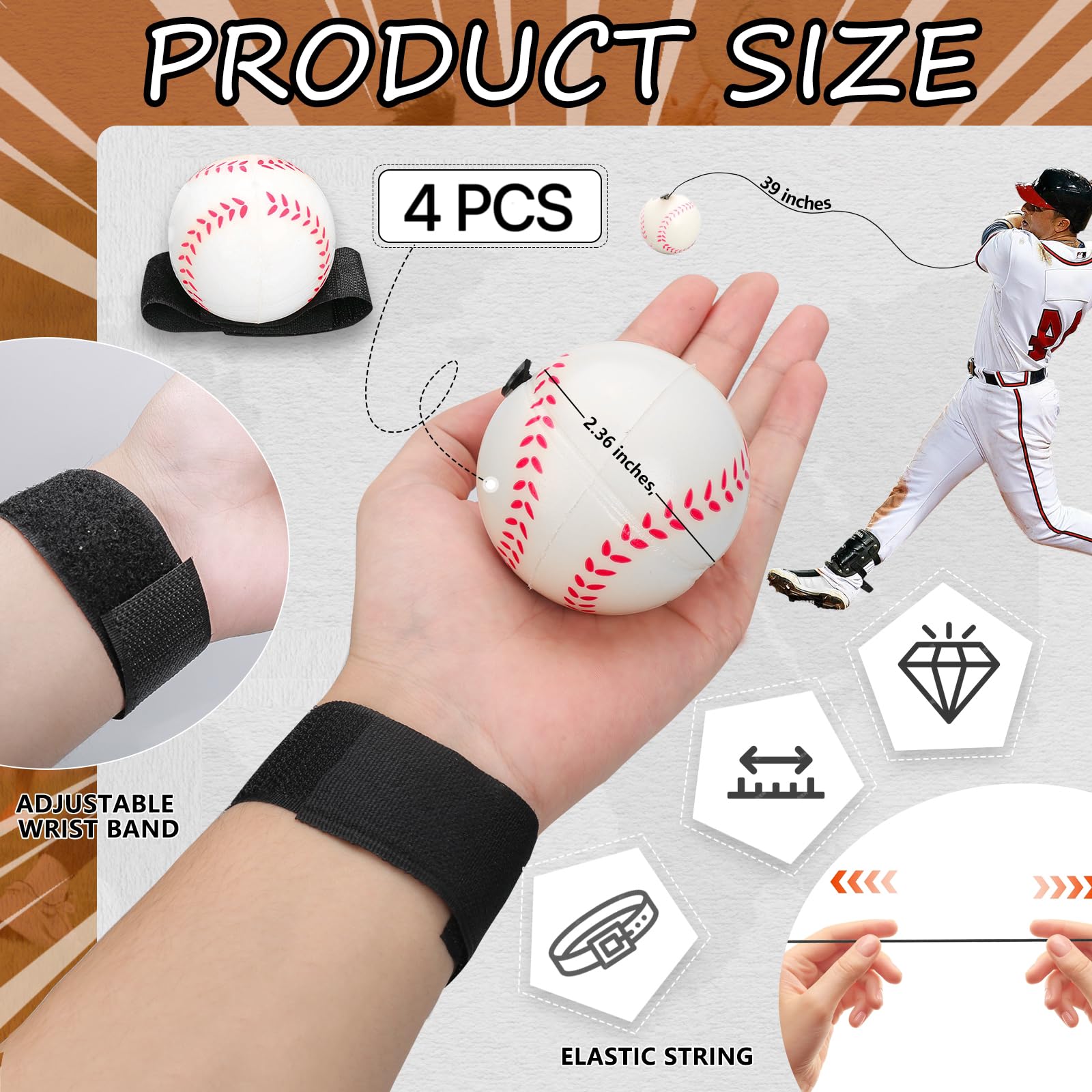 PLUVAVA 4 Pieces Wrist Return Ball 2.36 Inch Bounce Back Ball Rubber Sports Wrist Balls Wrist Rebound Baseball On Elastic String for Teens Adults Wrist Exercise Play Baseball Party Favor (4 PCS)