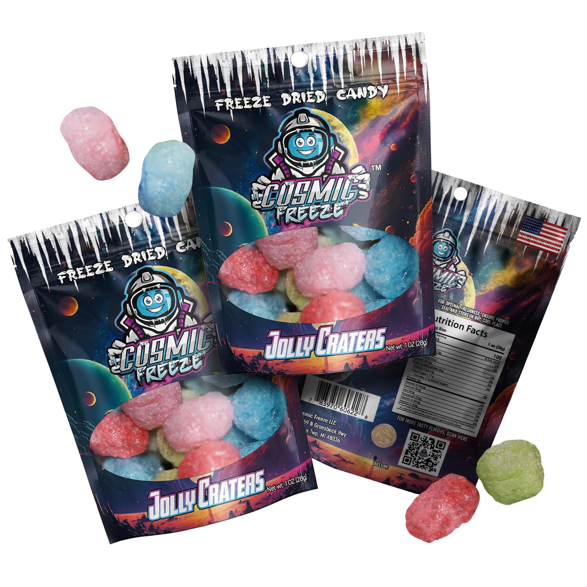 Cosmic FreezeJolly Craters Dried Candy, Crunchy Dry Candy for Mix-In Snacks Dried, Gluten-Free, Made in USA, 1.0 Oz, 3-pack