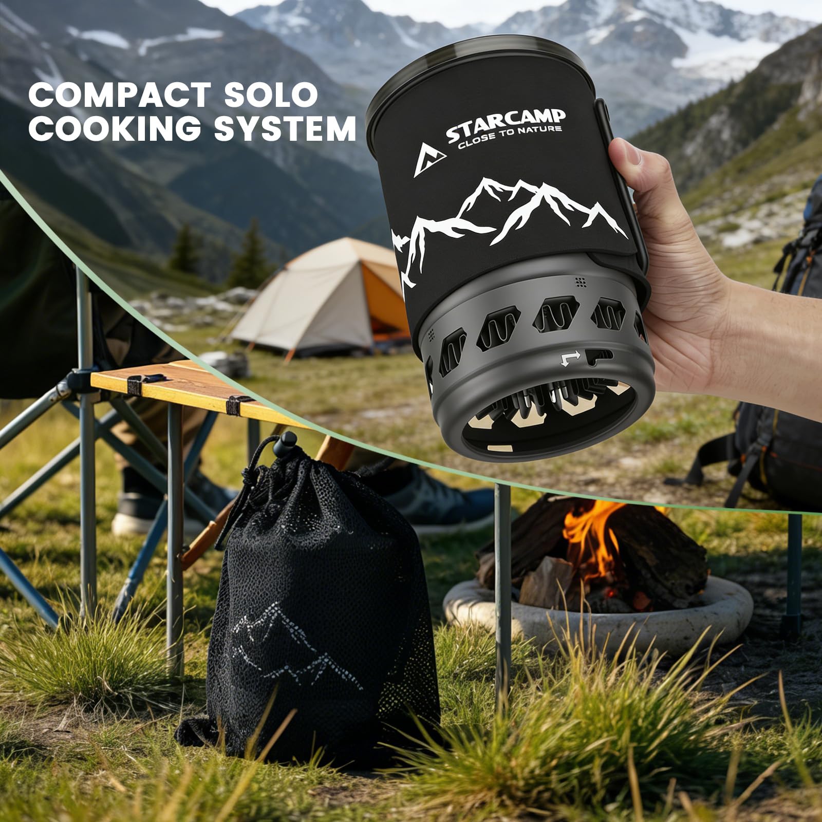 0,9L Réchaud de Camping Gaz Ultra-Léger Système de Cuisson Intégré, Couronne Énergétique, Allumage Piézo & Pot Support – Brûleur Portable Éco-énergétique pour Randonnée, Trekking et Backpacking