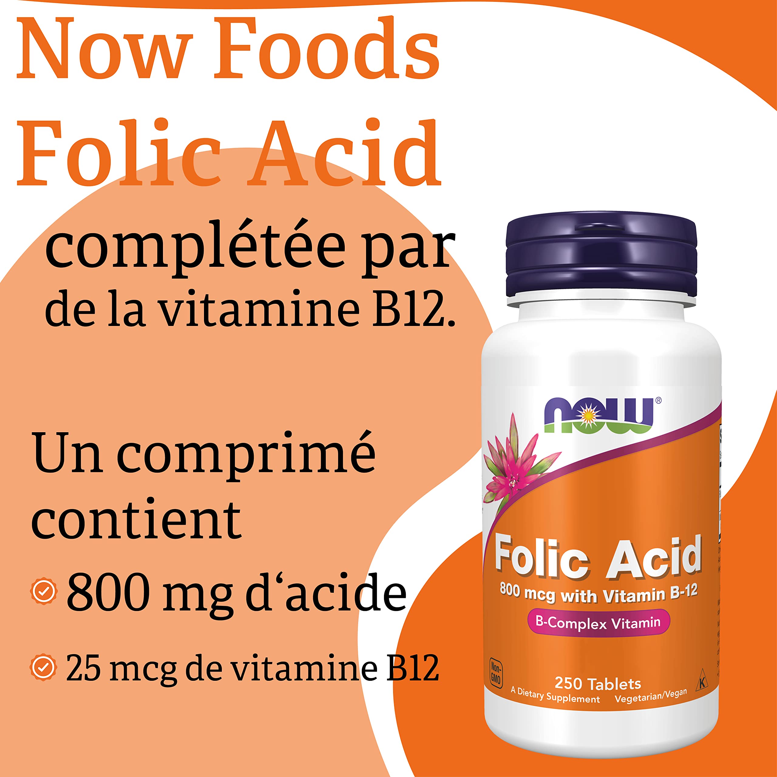 Now Foods, Folic Acid (Acide Folique), 800mcg, 250 Comprimés végétaliens, Testé en Laboratoire, Haute Dose, Vitamine B12, Sans Gluten, Sans Soja, Végétarien