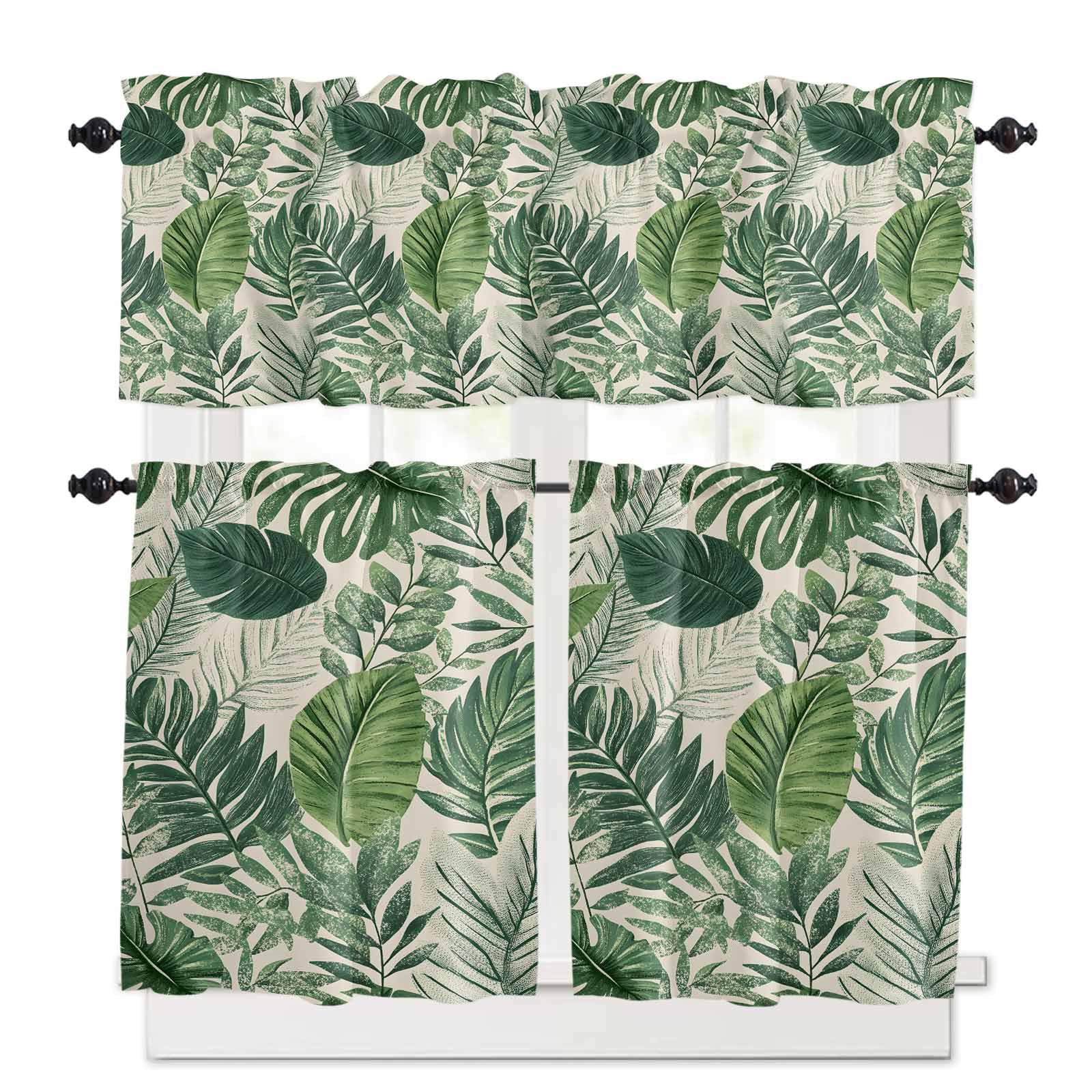 Tropical Leaves Kitchen Curtains 36 Inch Length,3 Piece Rod Pocket Small Half Tiers and Valance Set,Vintage Country Summer Green Leaf Plant Small Large Window Treatment Decor for Bedroom/Bathroom