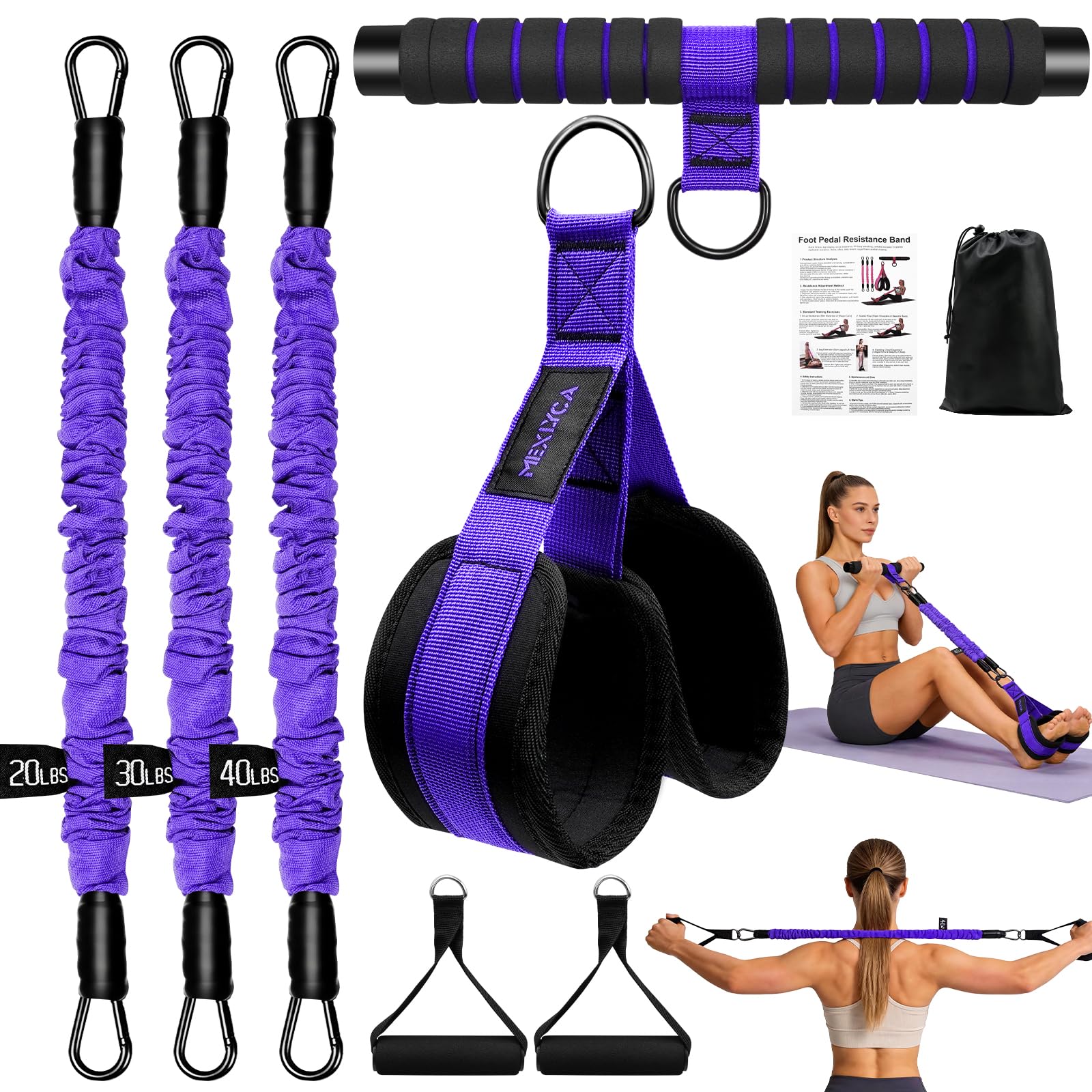 Upgraded Multifunction Pedal Resistance Band with Handle, 3 Tube Adjustable Resistance Bands for Abdomen, Waist