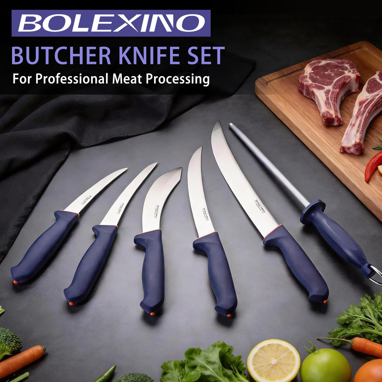 6 PCS Professional Butcher Knife Set for Meat Cutting, With Non-slip Softgrip & X50CrMoV15 Stainless Steel - Includes Breaking, Boning, Skinning, Trimming Knives, Sharpener Rod