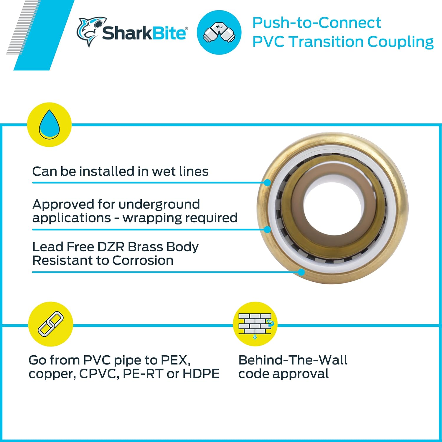 SharkBite 1 Inch CTS x 1 Inch PVC Transition Coupling, Push to Connect Brass Plumbing Fitting, PEX Pipe, Copper, CPVC, PE-RT, HDPE, UIP4020A