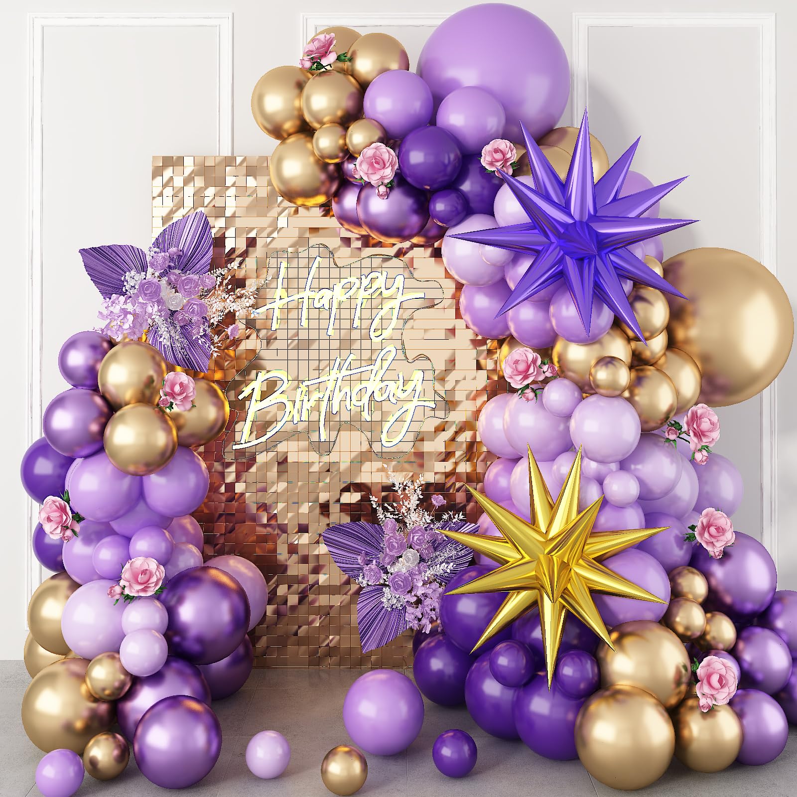 Purple Balloons Garland Arch Kit, Dark Purple Lavender Light Pastel Balloon Metallic Gold Balloons and Explosion Star Foil Balloons for Women Birthday
