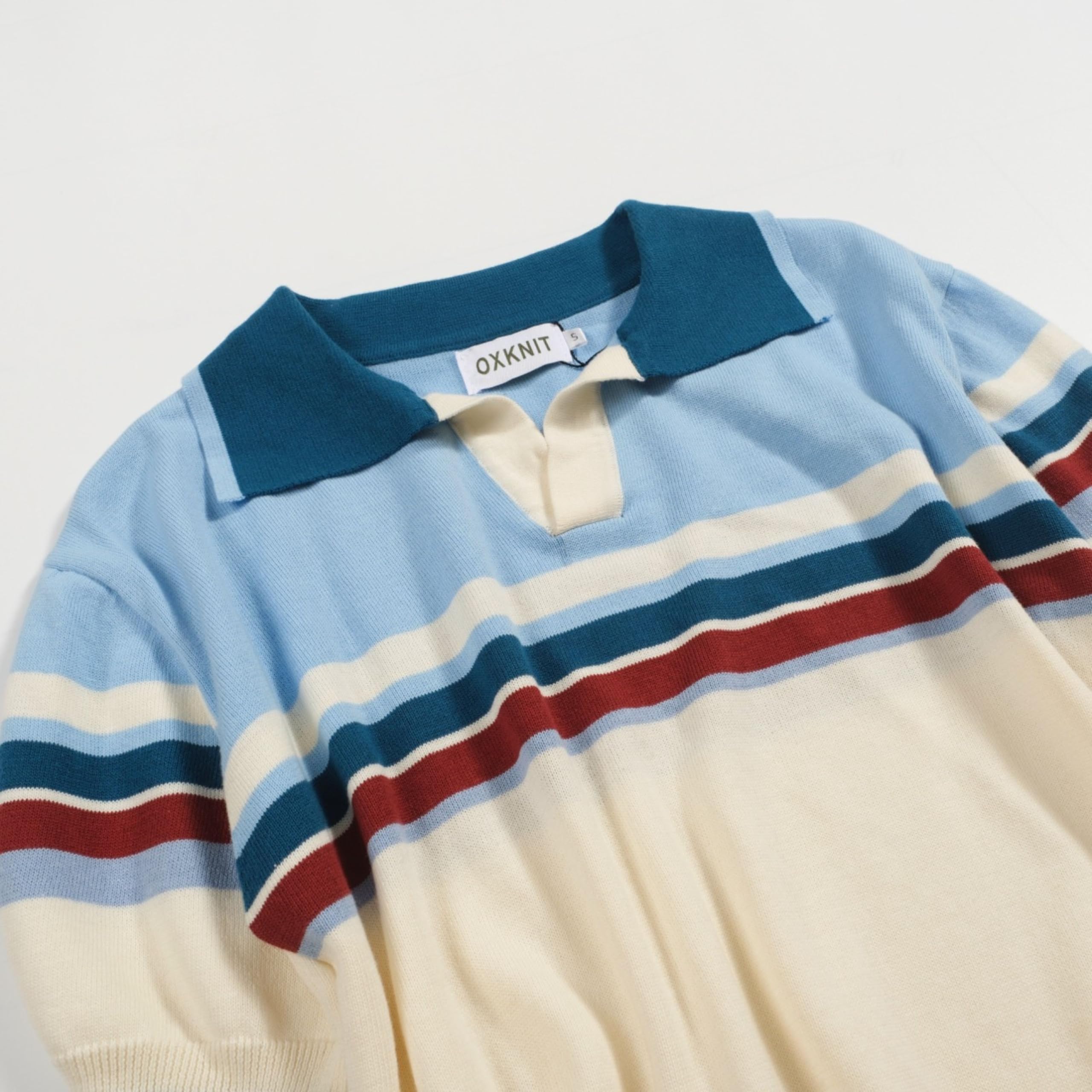 OXKNIT Polo da uomo, a maniche corte, blu, a righe, scollo a V, estiva, da golf, vestibilità regolare