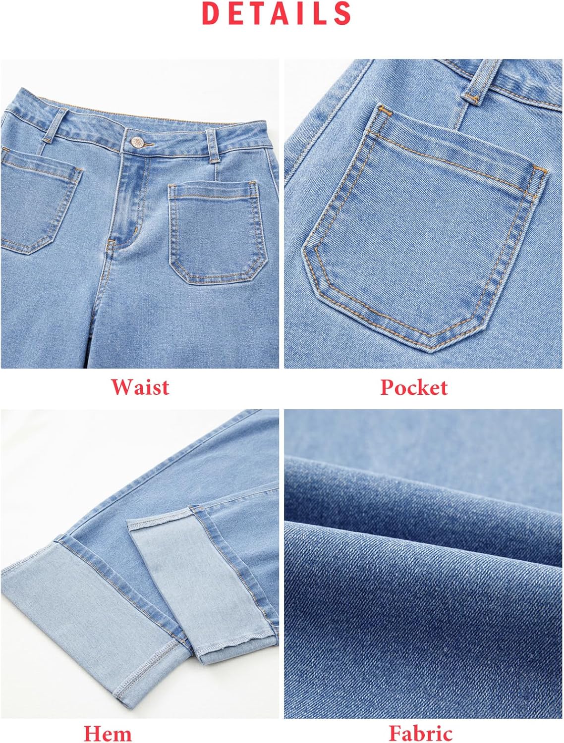 EVALESS Womens Jeans High Waisted Stretchy Cuffed Wide Leg Denim Pants with Pockets