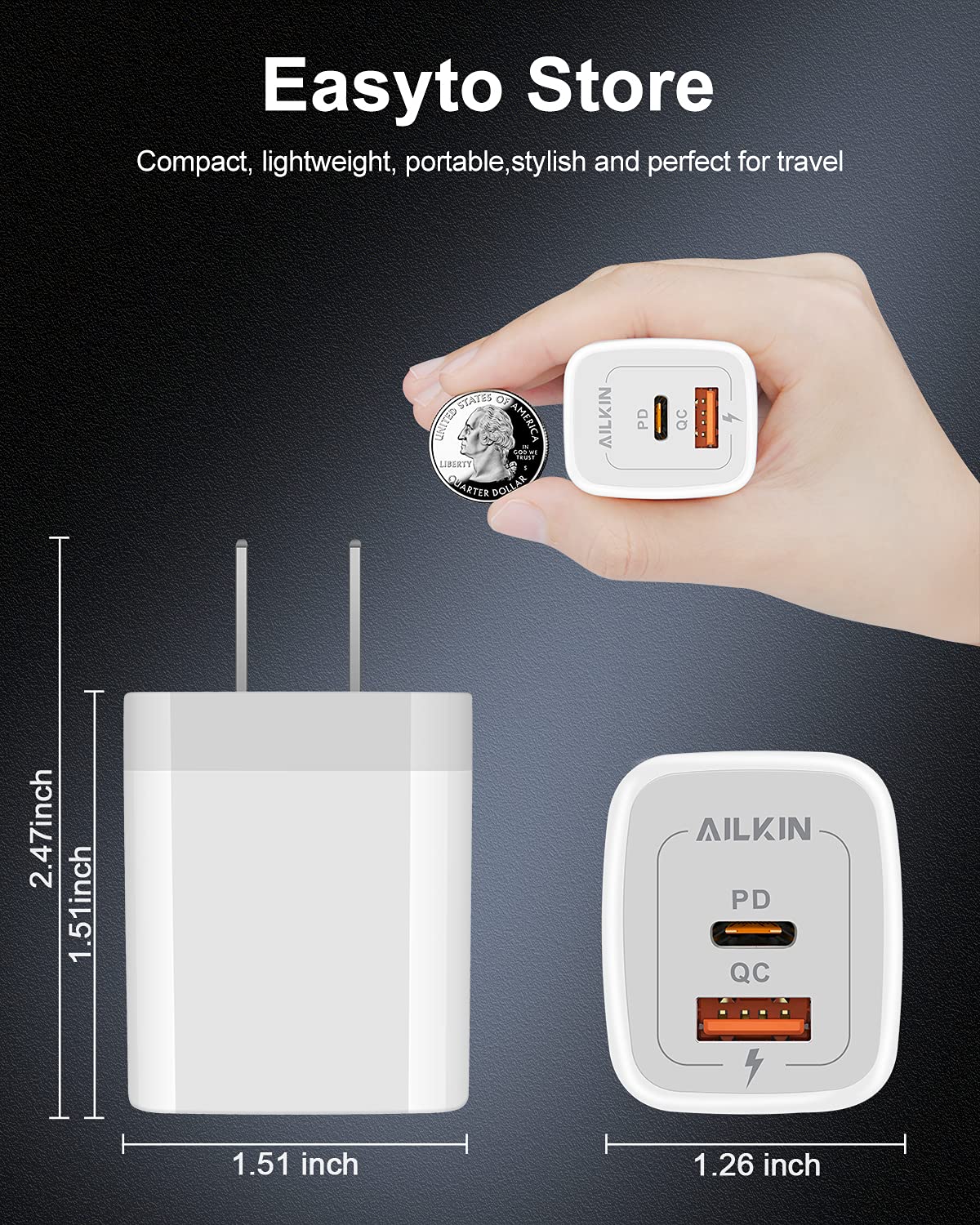 3Pack Dual Port USB-C Wall Plug-in USBC Charger, AILKIN 20W Power Delivery — Amazon image 4