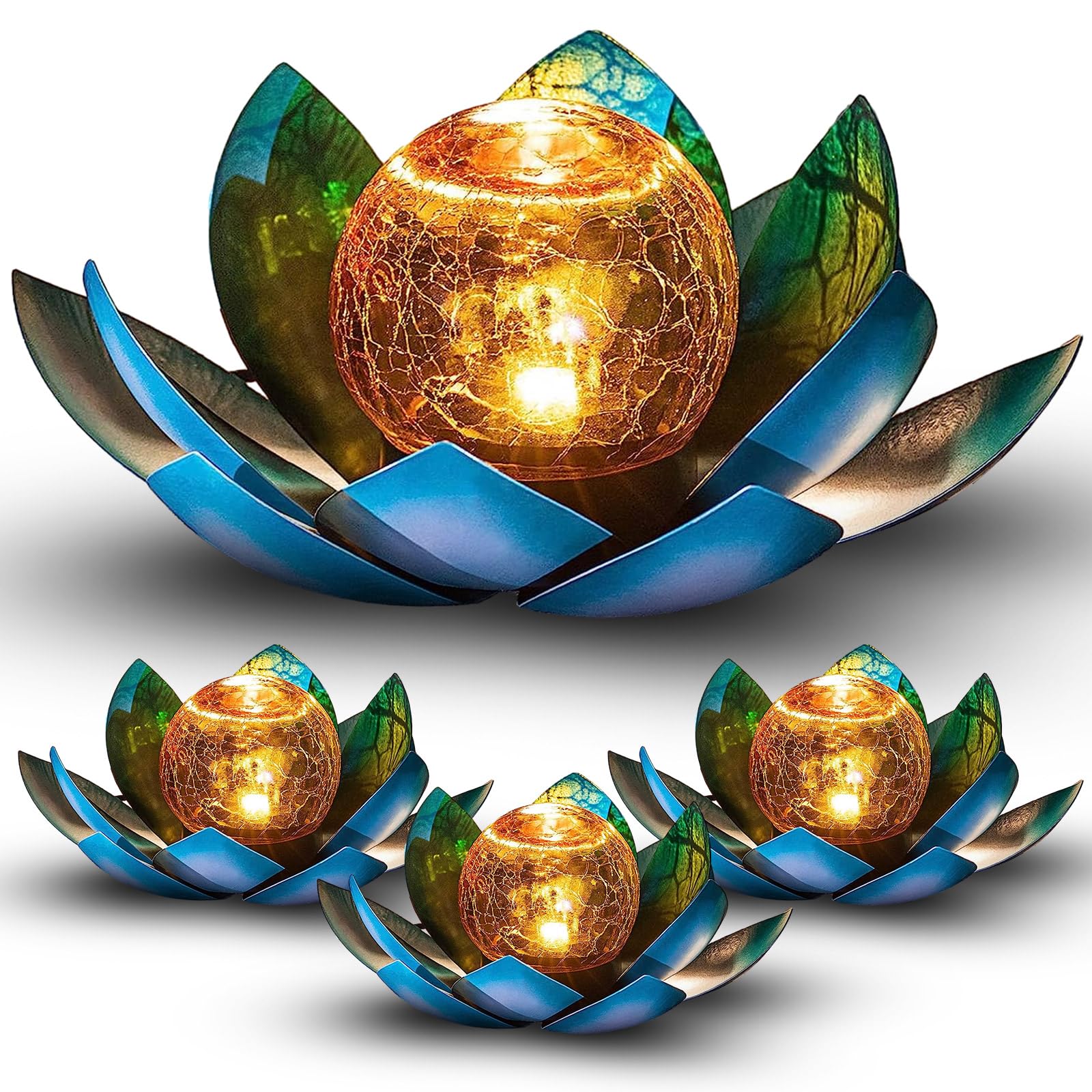 Photo 1 of ***TWO DO NOT LIGHT UP*** VIHOSE 4 Pcs Lotus Solar Light Outdoor LED Waterproof Art Globe Glass Decoration Outdoor Table Decor Garden Gifts Decorative Crackle Globe Glass Metal Lotus Flower for Patio Lawn (Blue)