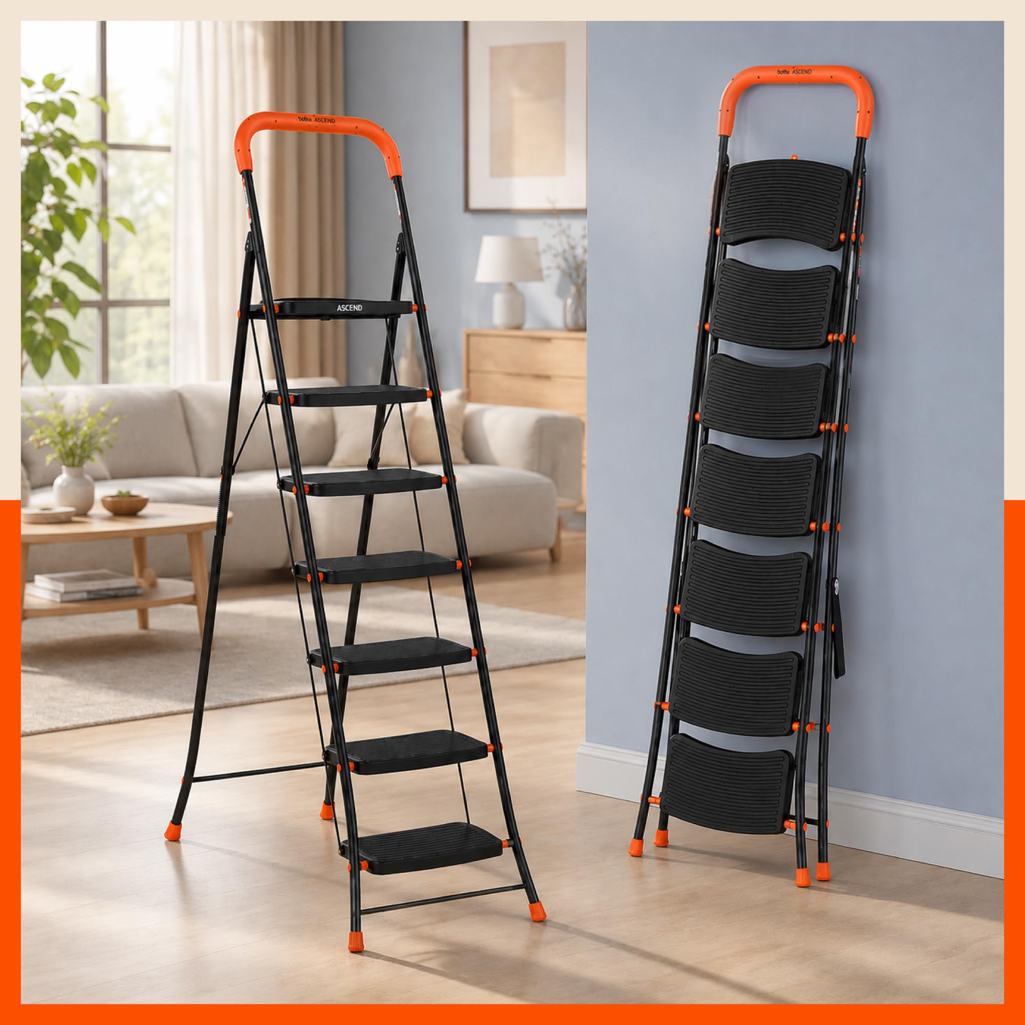 Bathla 7 Step Ascend Steel Ladder for Home Use | Large Platform (36 x 20.5 cm) | Wide Anti-Skid Steps | Safety Hand Grip | Heavy Duty Foldable | 120 kg Capacity | 2-Year Warranty | Orange & Black-image-38