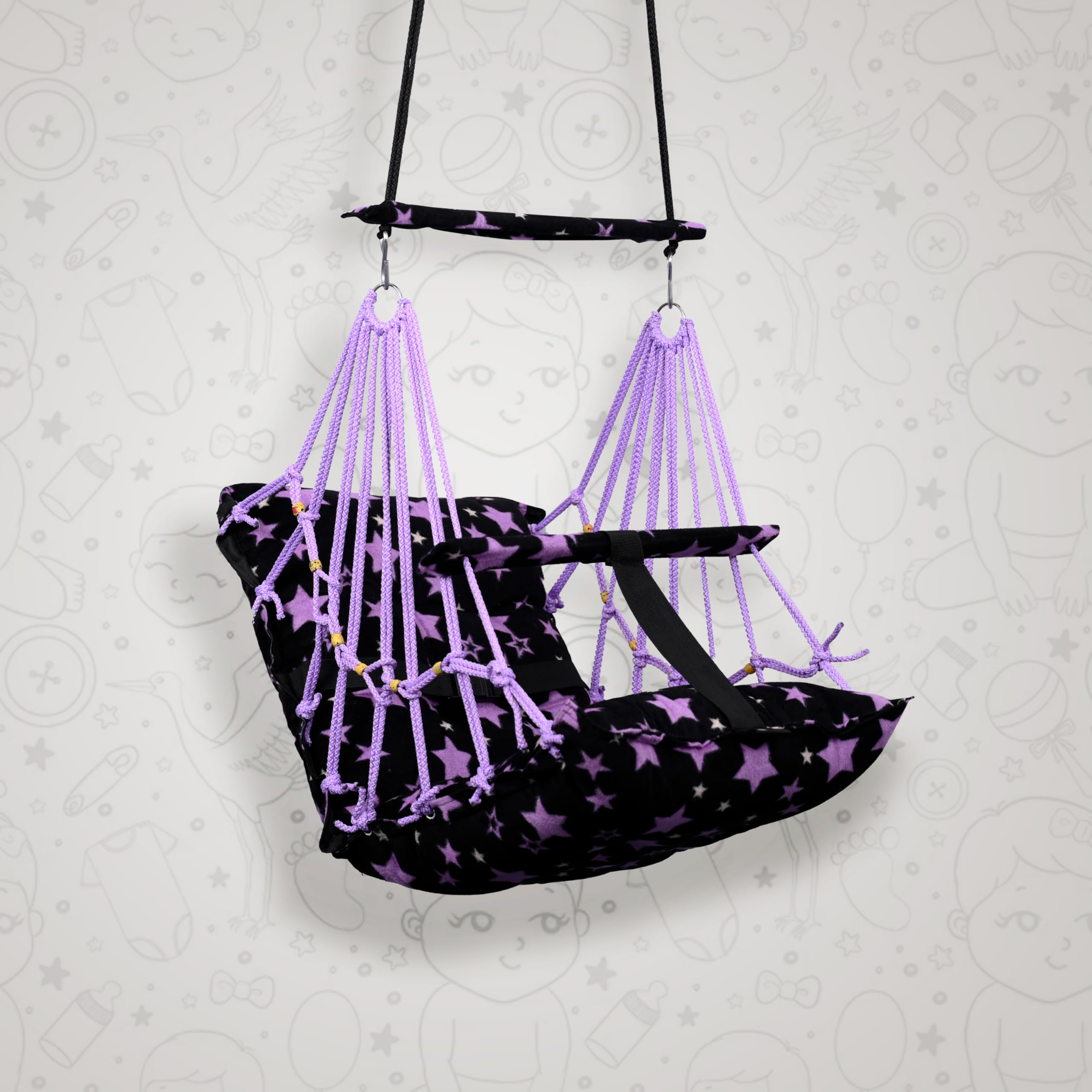 BOFFLE® Cotton Swing Chair for Kids Baby's Children Folding and Washable1-6 Years with Safety Belt/Home,Garden Jhula for Babies|Swing for Kids | Seat and Back Side 16x16 inch (Purple Star)