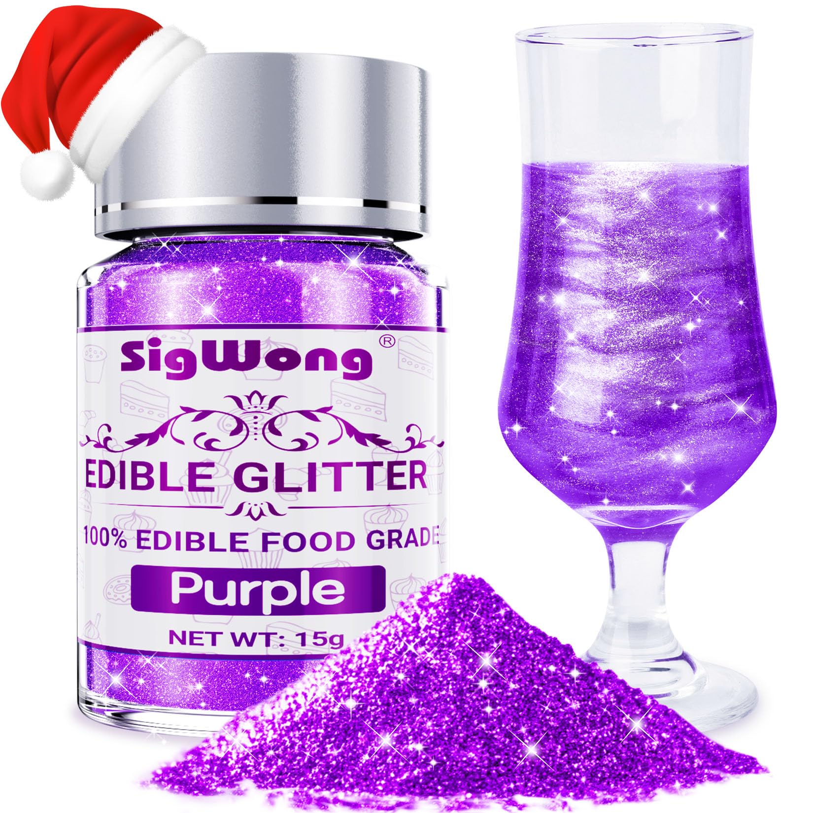 Purple Edible Glitter - 15g Food Grade Luster Dust Powder, Cake Decorating Sprinkle Glimmery Dust for Drinks, Wine, Fondant, Chocolate, Candy, Cookie, Vegan
