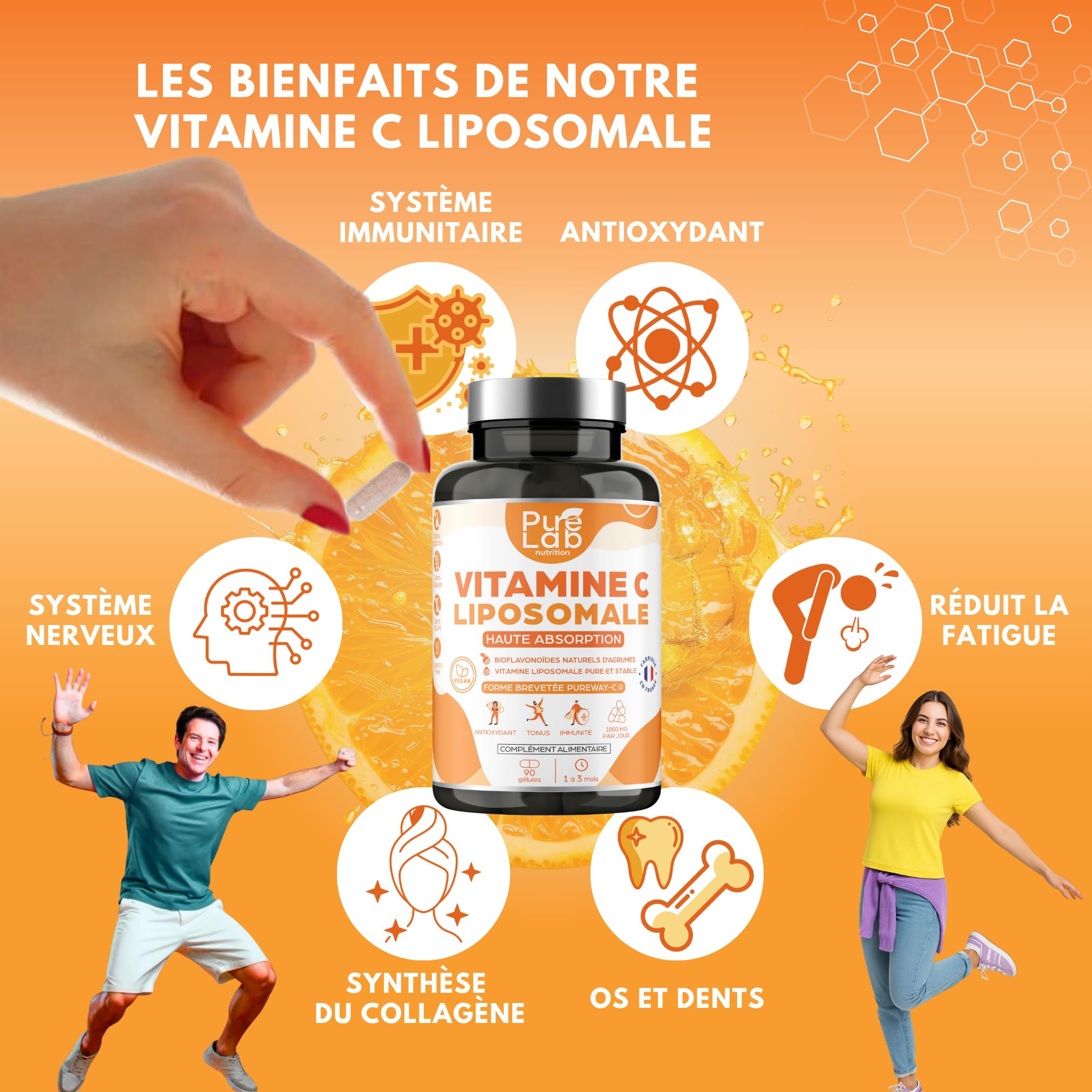 Vitamine C Liposomale 1000mg - Haute Absorption - Immunité, Antioxydant, Tonus - Formule Brevetée PureWay™ - Sans Lactose, Sans Gluten - Fabriqué en France - 90 gélules, Cure de 1 à 3 mois