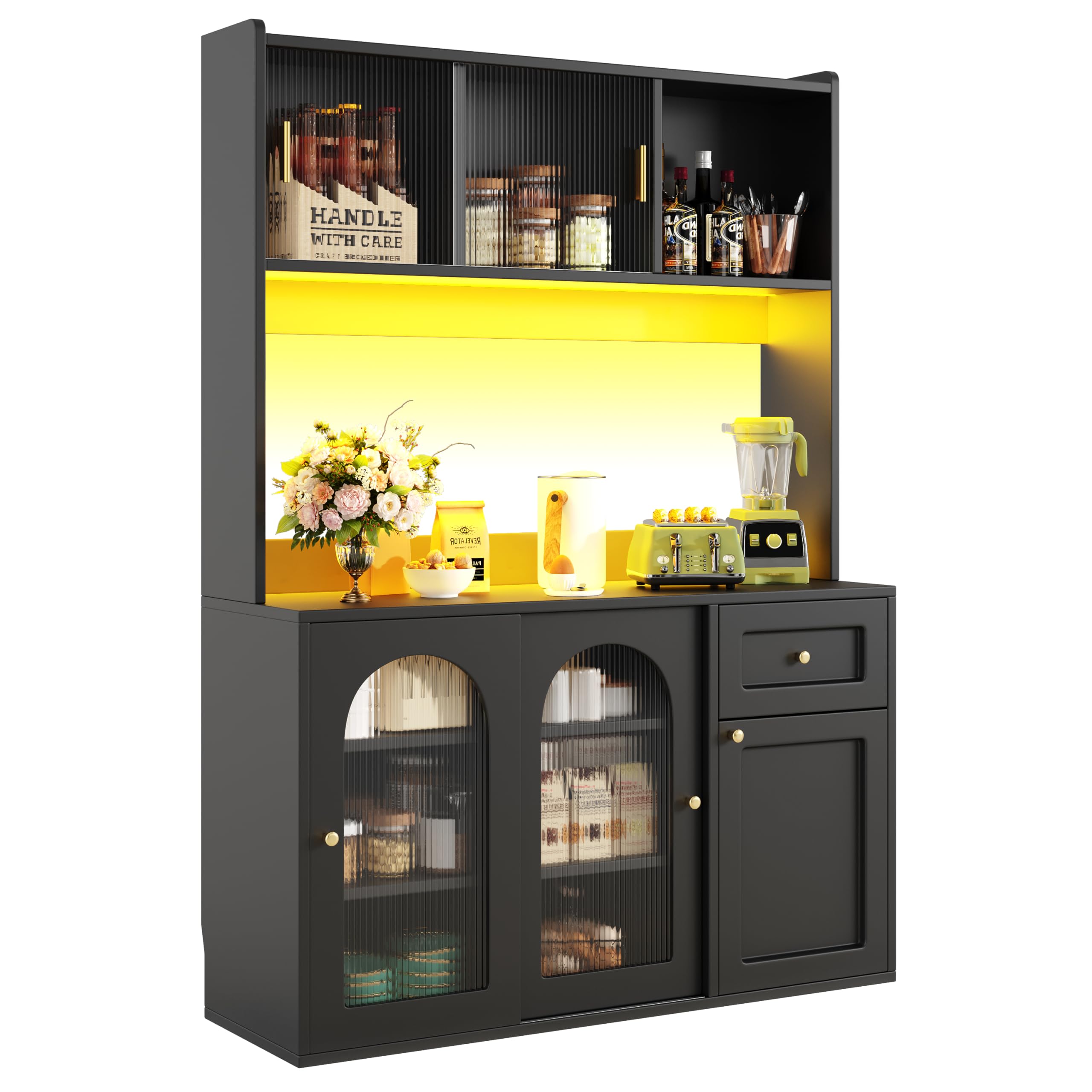 Merax Kitchen Cupboard 167cm Tall Storage Cabinet, Kitchen Unit Freestanding, with LED, sliding Doors, 1 Drawer, Adjustable Shelves, Large Countertop, Black/120 * 35 * 167cm