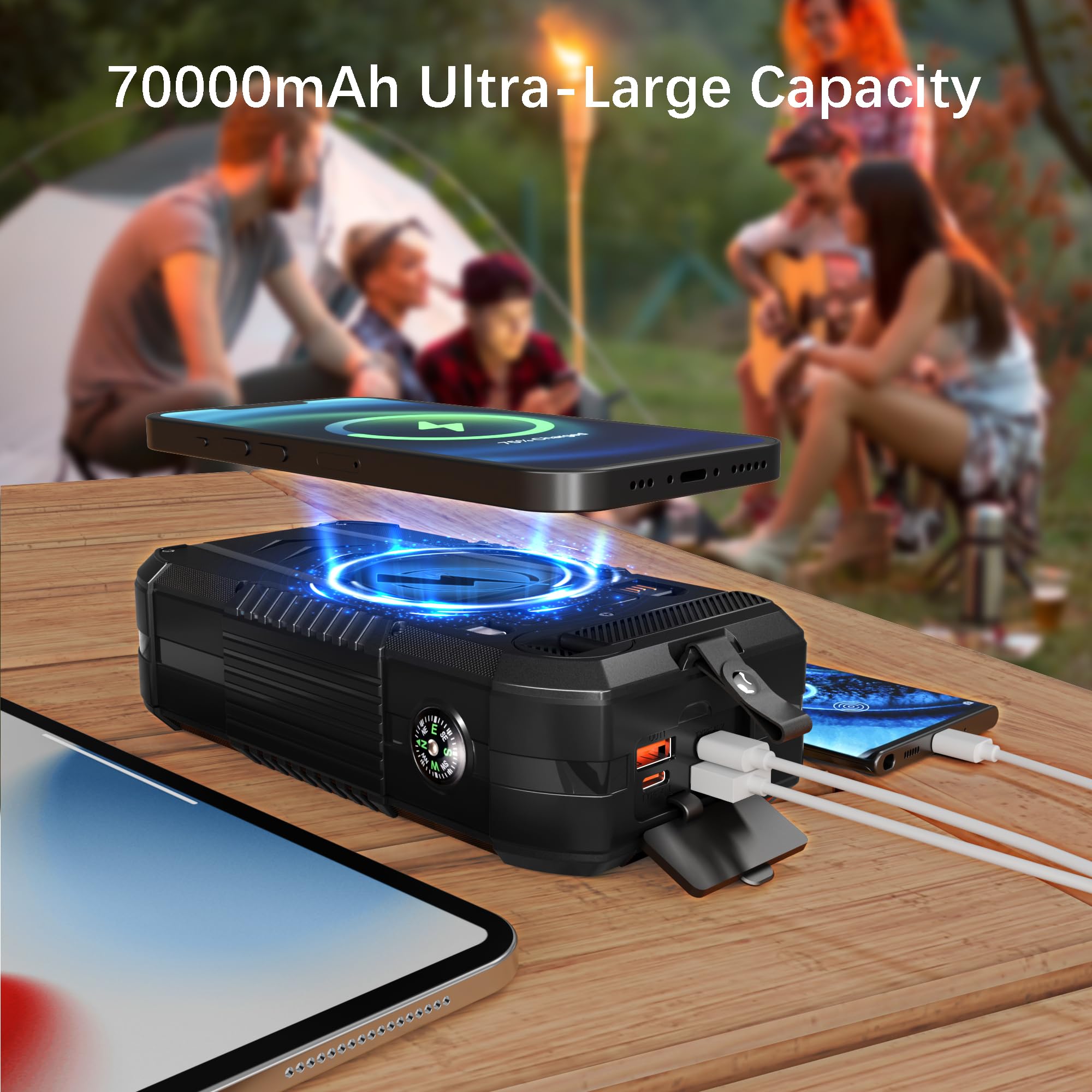 Batería externa inalámbrica solar de 70000 mAh integrada en 2 cables y manivela, cargador portátil de 30 W, cargador rápido, 6 salidas y 4 entradas, batería externa con linterna brillante