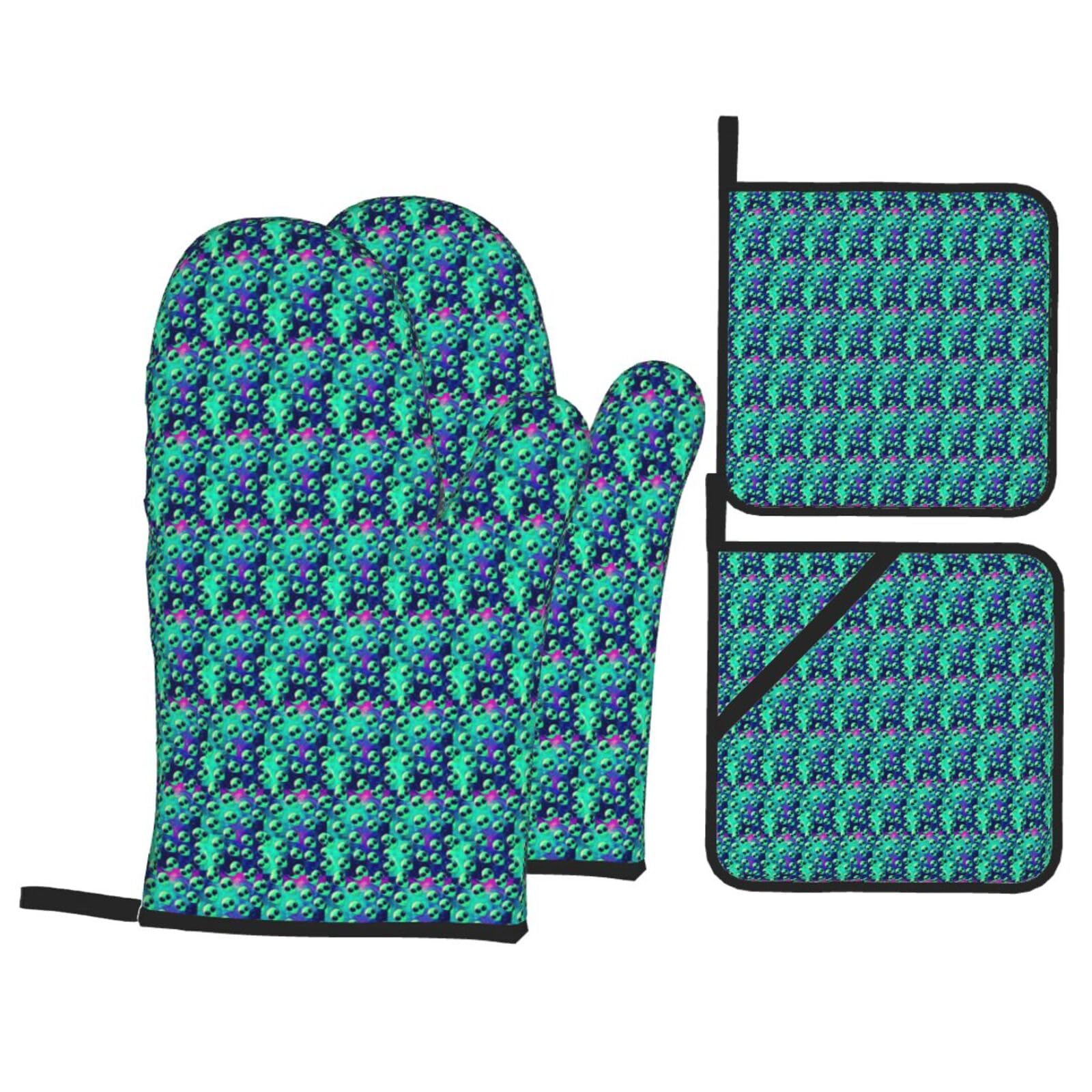 Green Aliens Print Stylish Heat-Resistant Oven 4-Piece Set Kitchen Gloves Roasting Daily Cooking